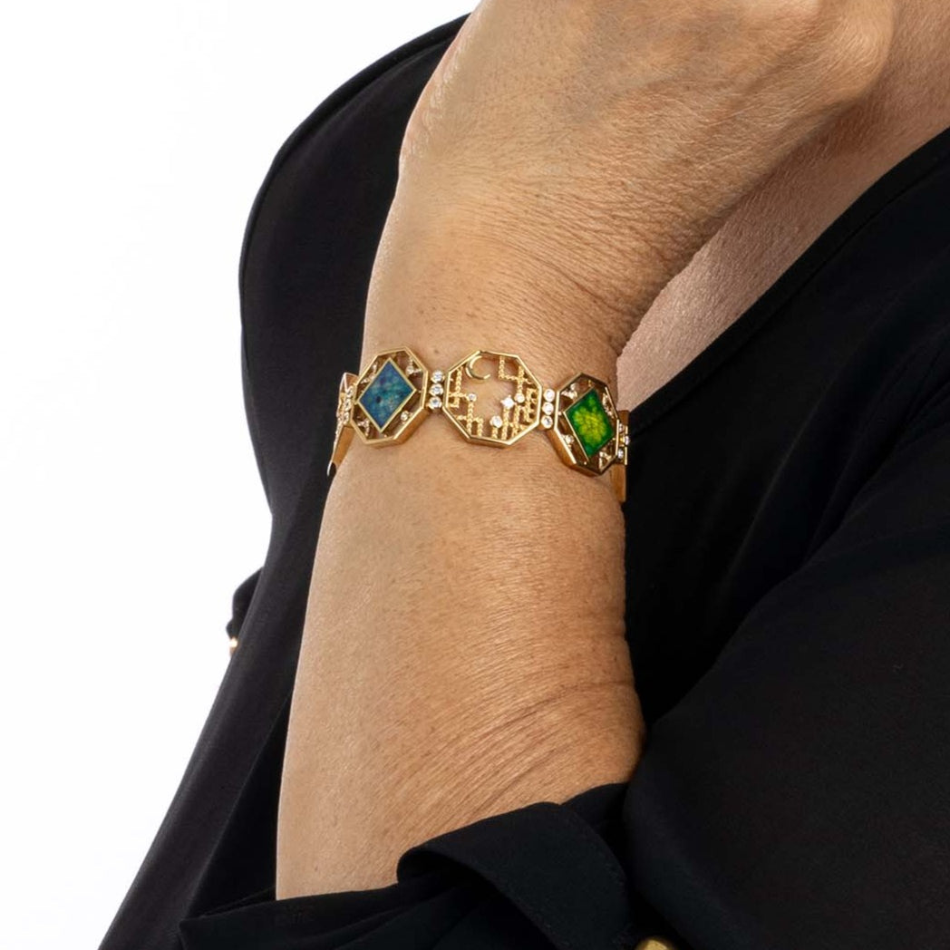 Yellow Gold Bracelet with Diamonds and Red, Green, and Blue Cloisonne, Large - Model shot