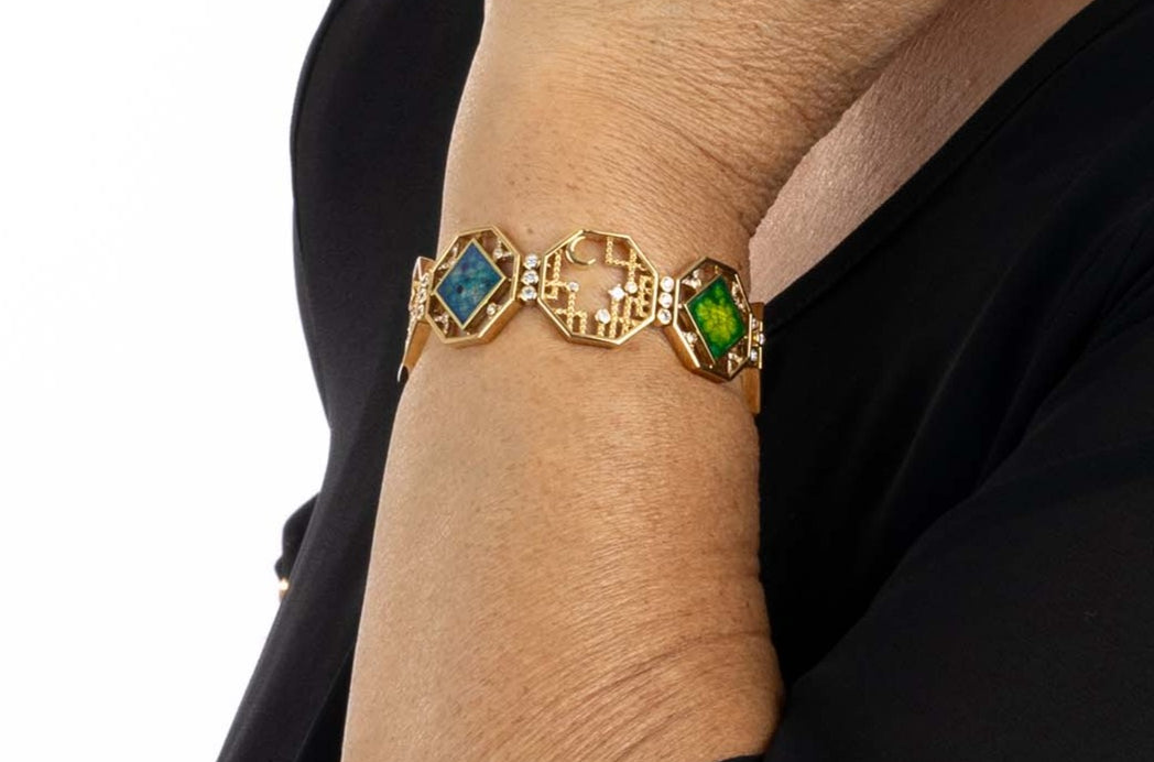 Yellow Gold Bracelet with Diamonds and Red, Green, and Blue Cloisonne, Large - Model shot