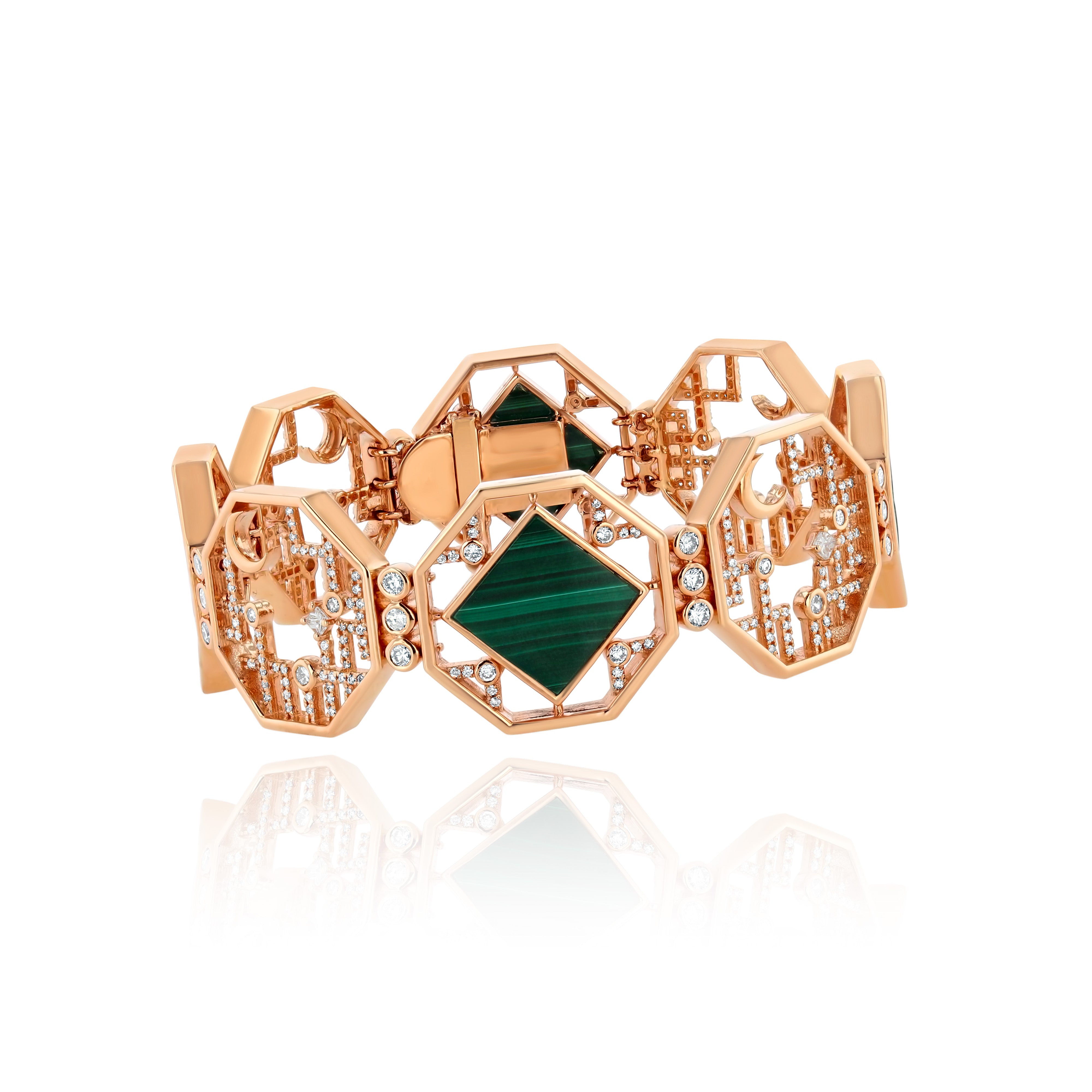 Rose Gold Bracelet of connected octagons with Diamonds and Malachite, Large