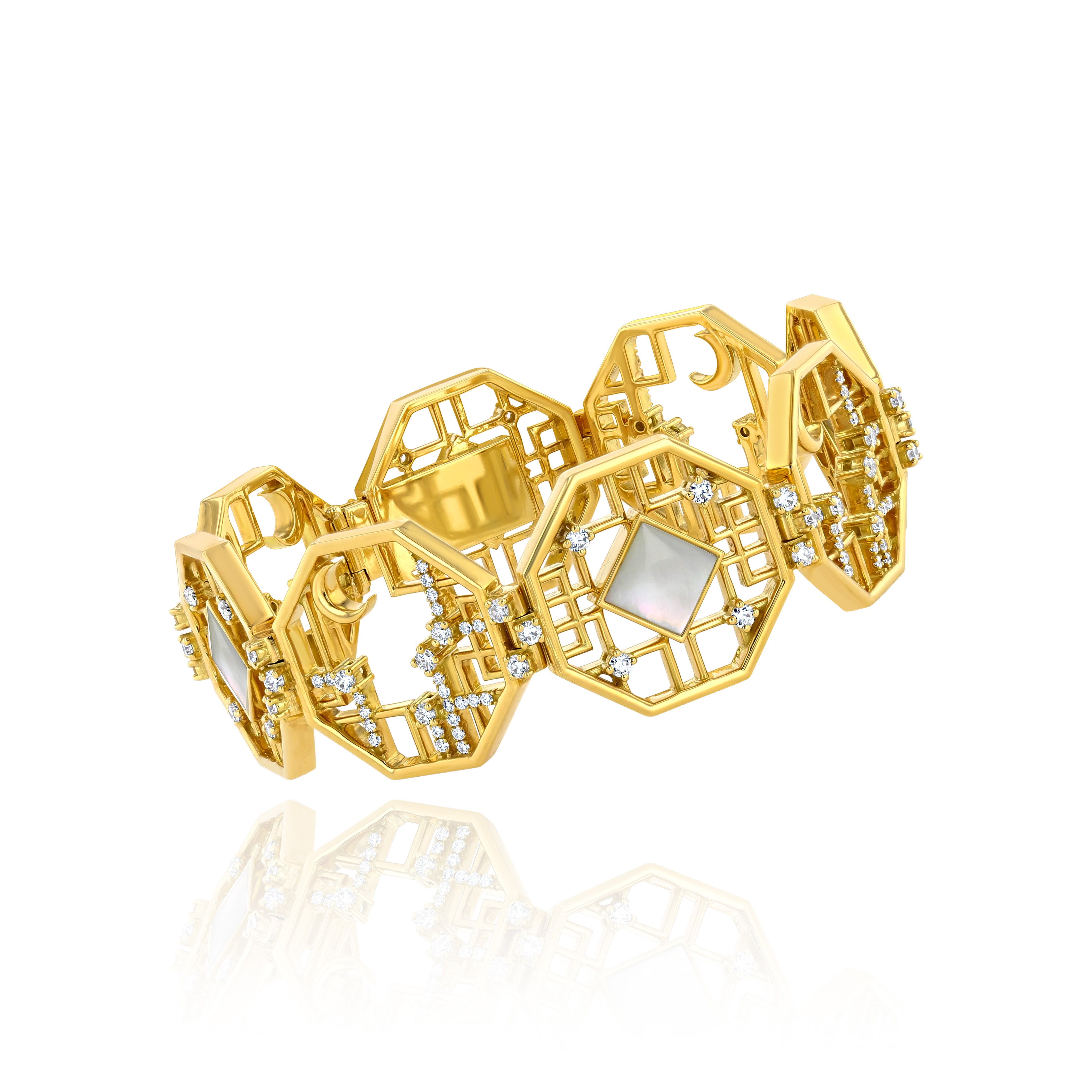Yellow Gold Bracelet of connected octagons with Diamonds and White Shell, Large