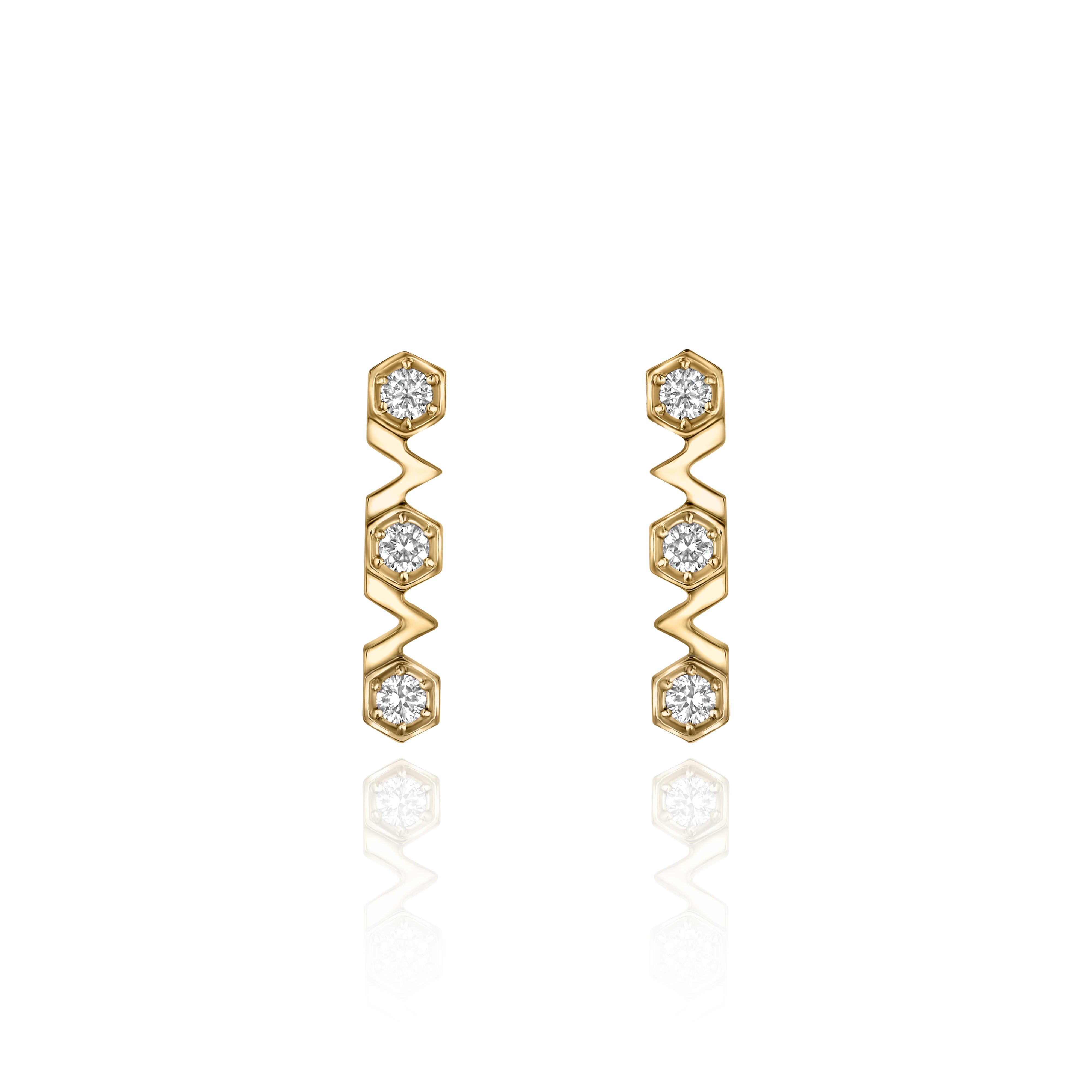 Yellow Gold Earrings with octagons and V shapes, and Diamonds, Small