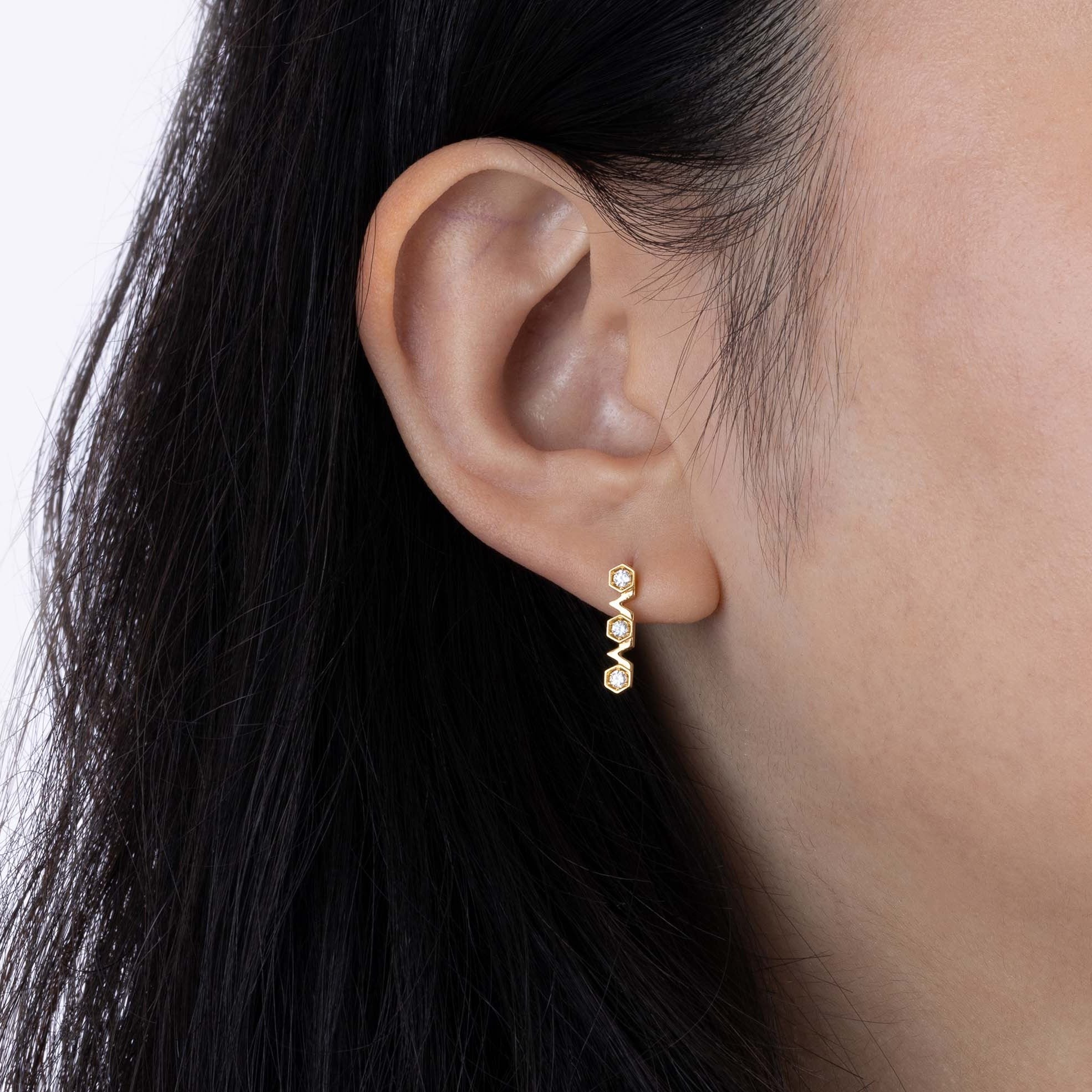 Yellow Gold Earrings with octagons and V shapes, and Diamonds, Small - Model shot