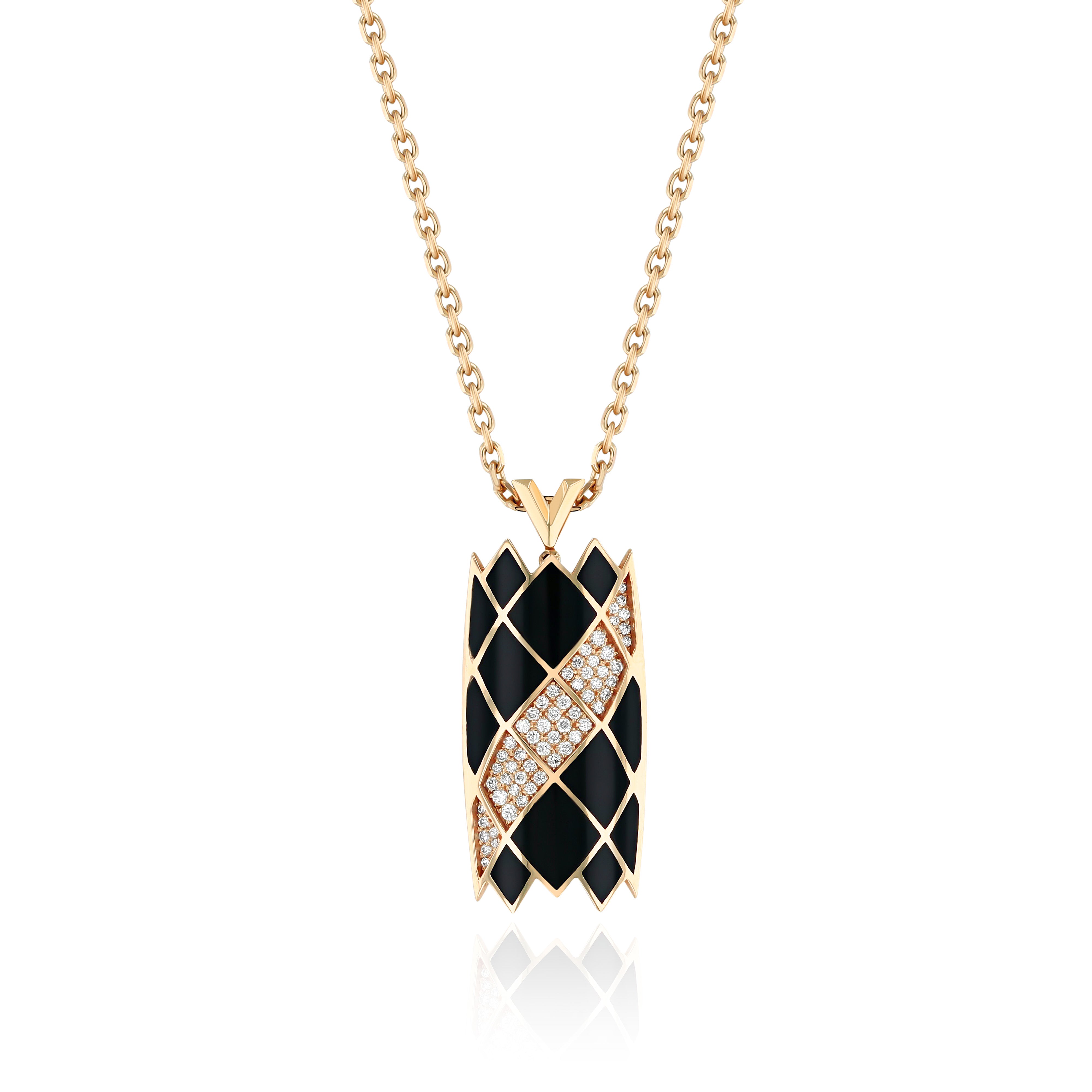 Yellow Gold Necklace with patterned Black Onyx and small round Diamonds, Medium