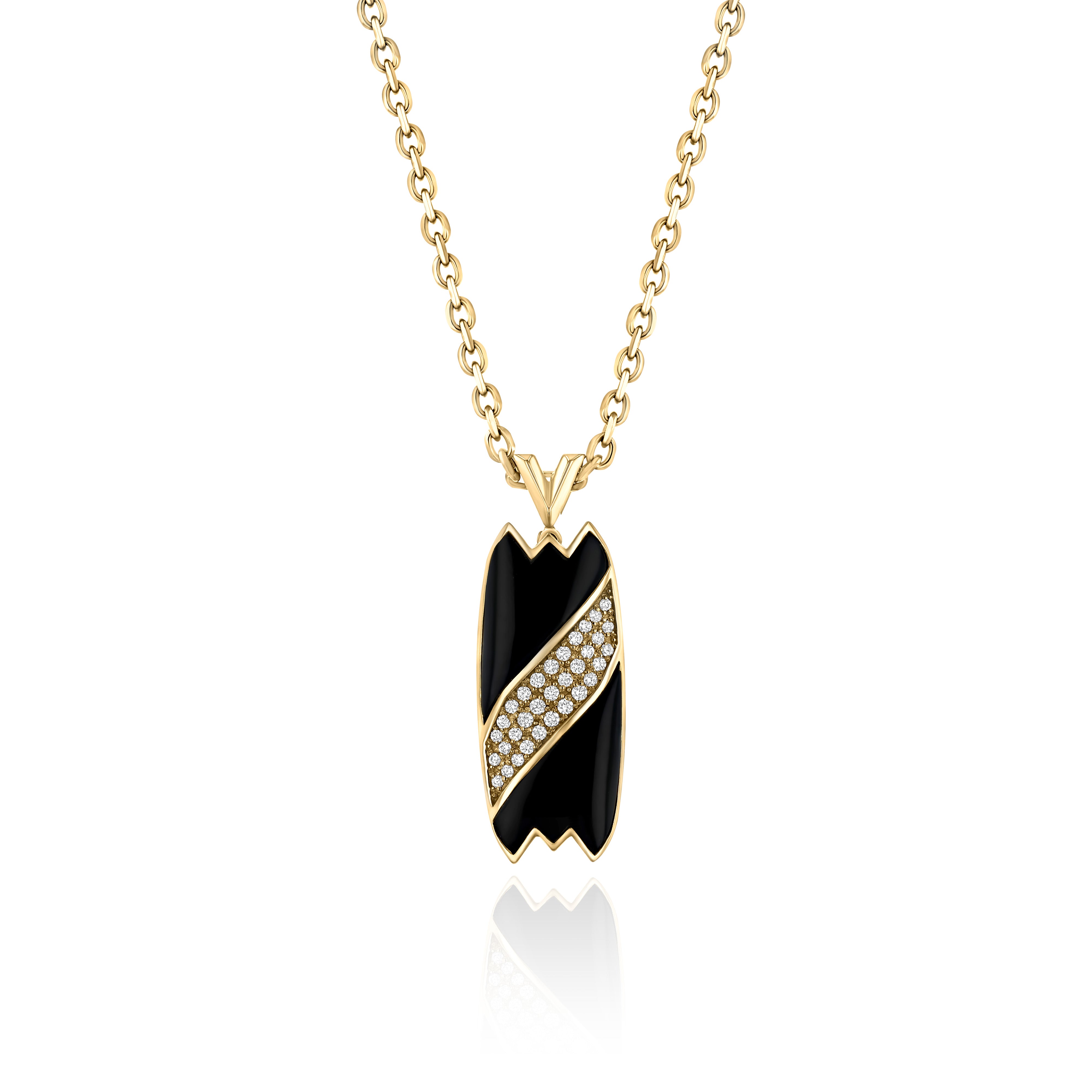 Yellow Gold Necklace with patterned Black Onyx and small round Diamonds, Small