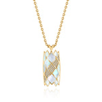 Yellow Gold Necklace with patterned White Shell and small round Diamonds, Medium