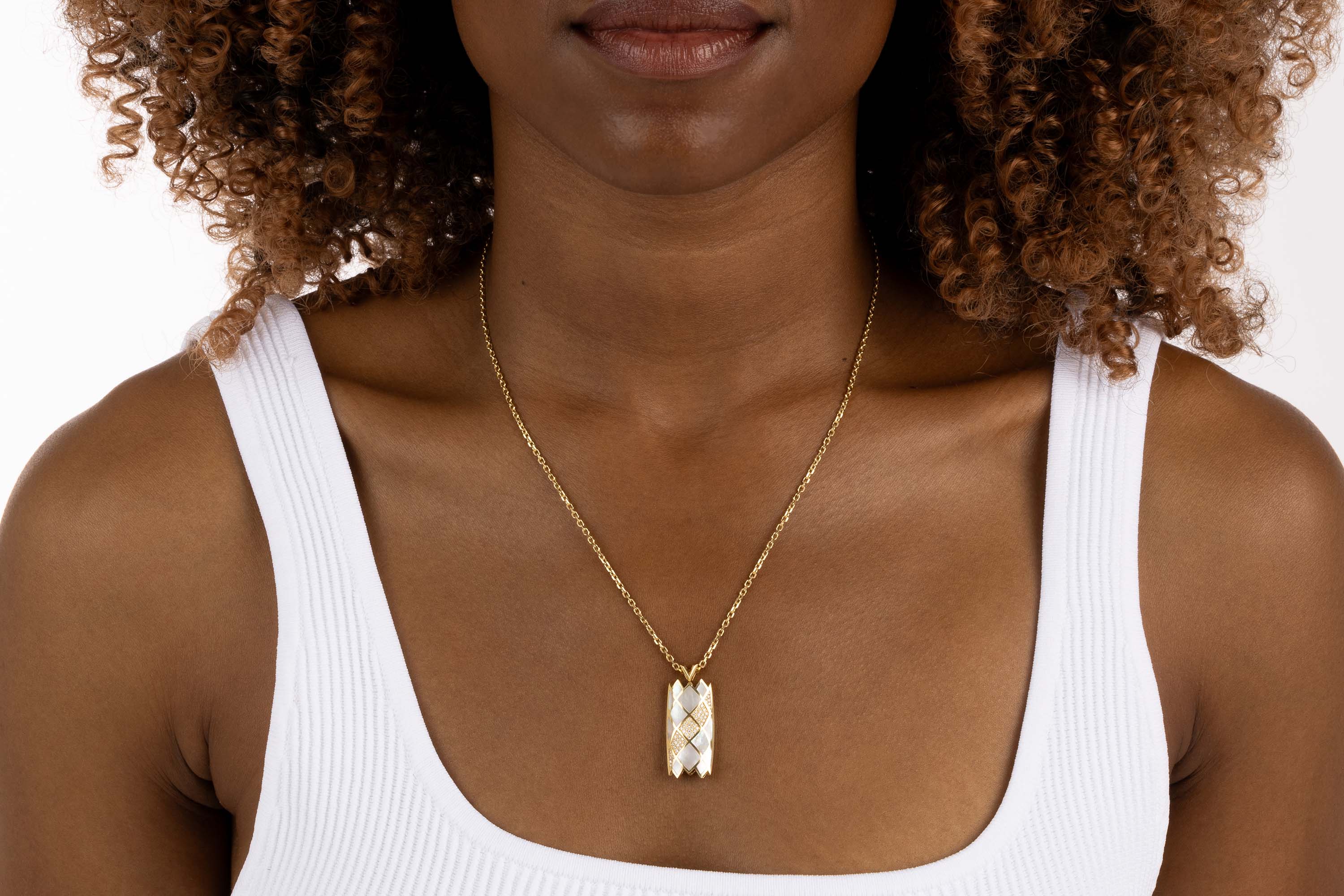 Yellow Gold Necklace with patterned White Shell and small round Diamonds, Medium - Model shot