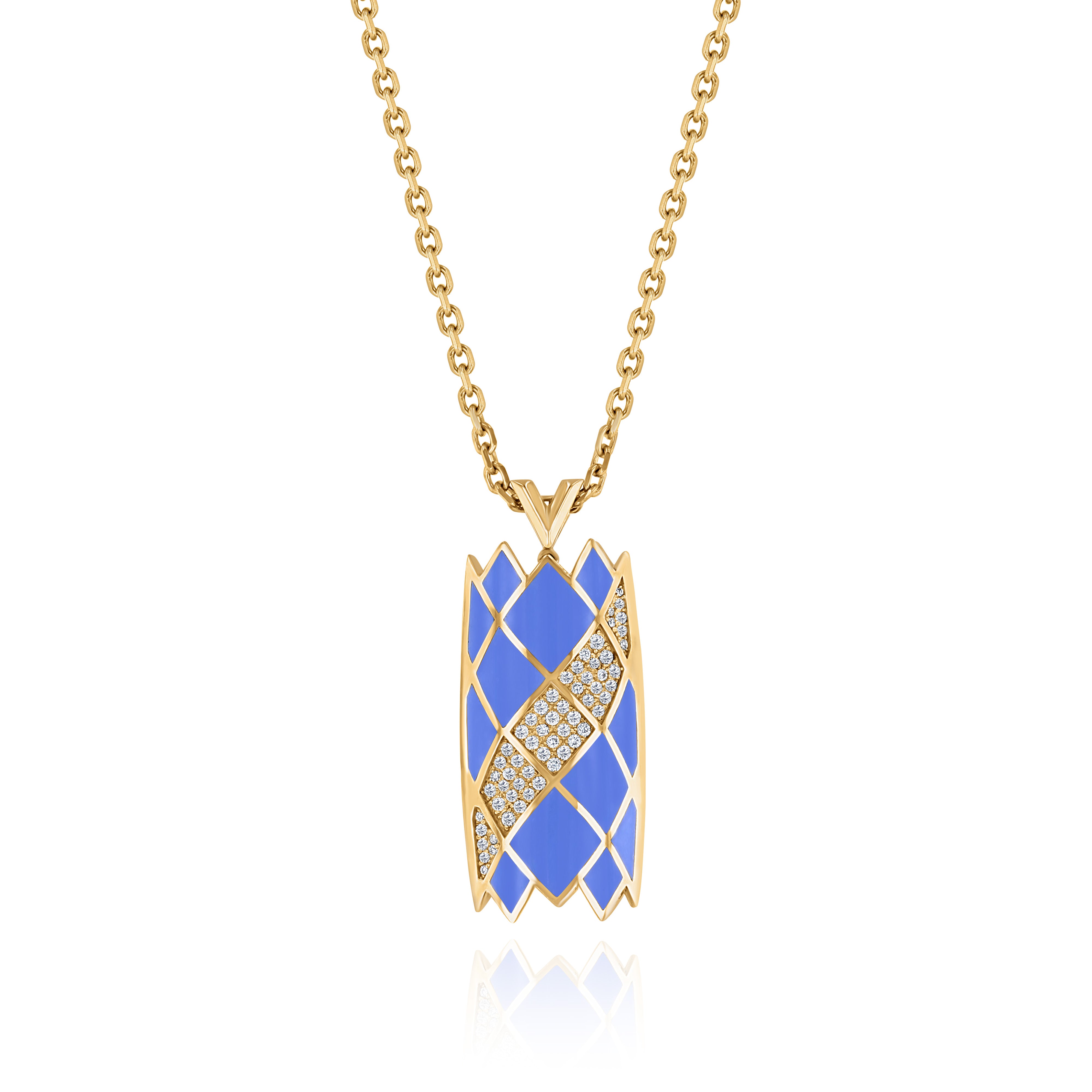 Yellow Gold Necklace with patterned Light Blue Cloisonne and small round Diamonds, Medium