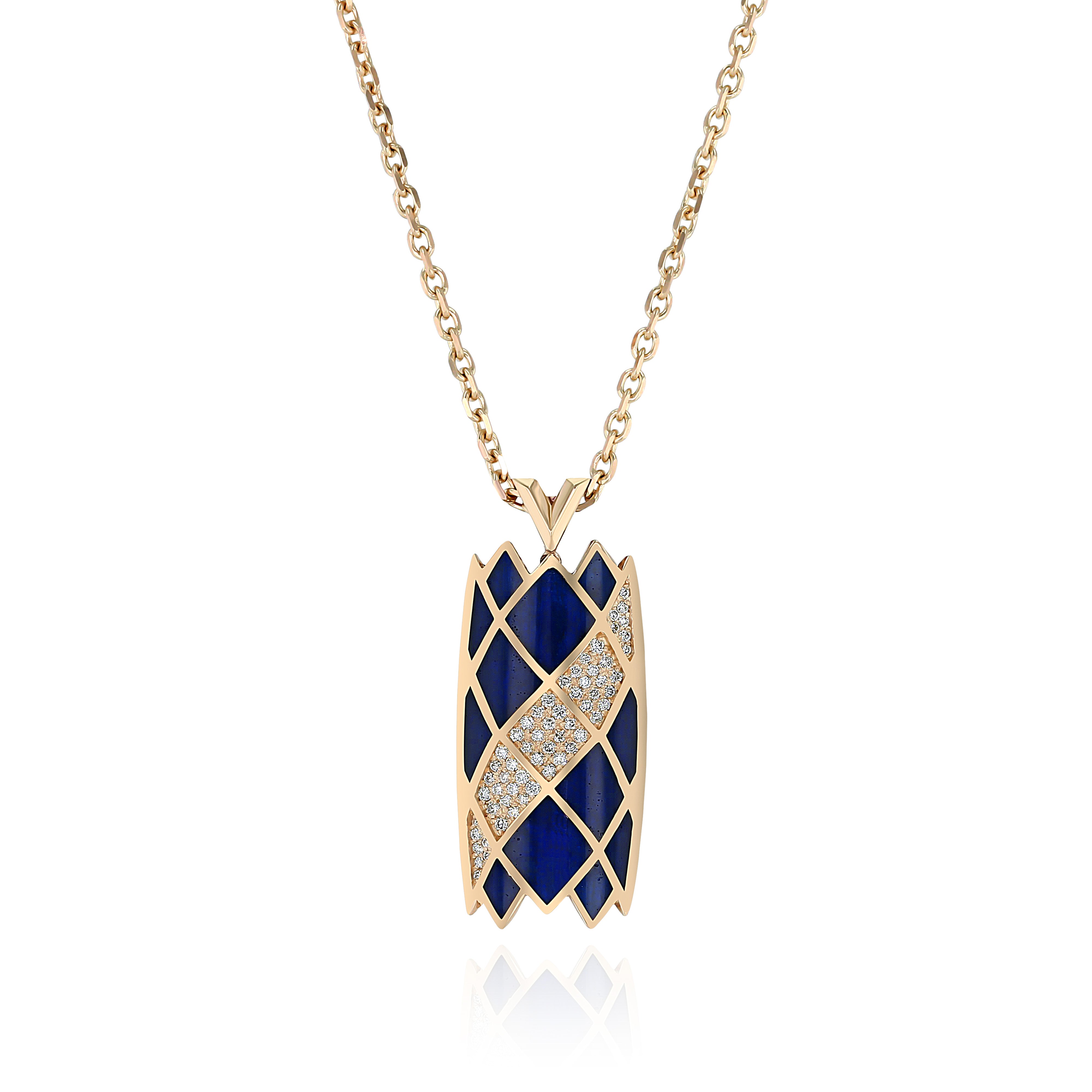 Yellow Gold Necklace with patterned Dark Blue Cloisonne and small round Diamonds, Medium
