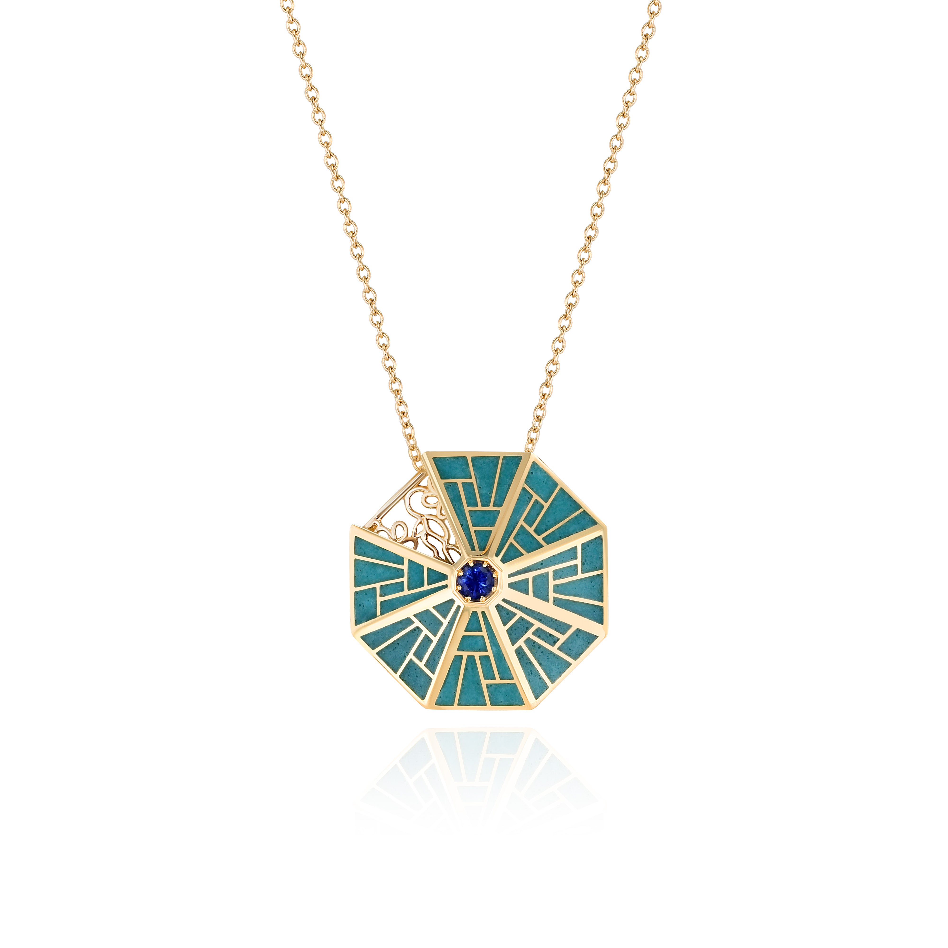 Yellow Gold octagon Necklace with Turquoise Cloisonne and a Blue Sapphire, Medium