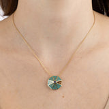 Yellow Gold octagon Necklace with Turquoise Cloisonne and a Blue Sapphire, Medium - Model shot