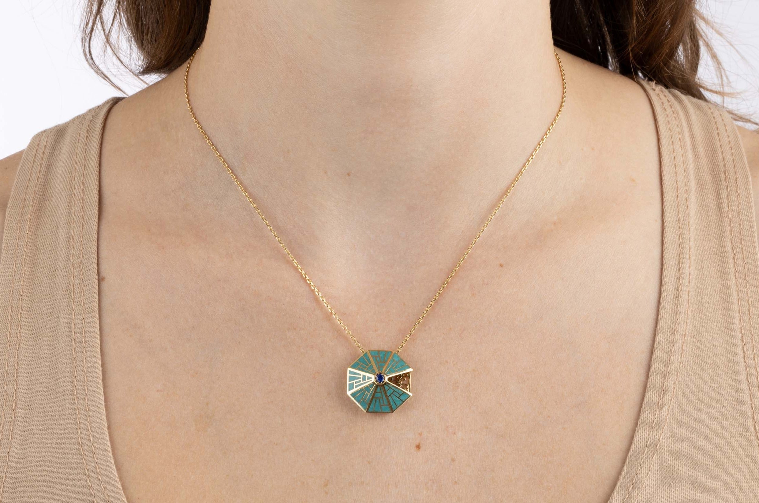 Yellow Gold octagon Necklace with Turquoise Cloisonne and a Blue Sapphire, Medium - Model shot