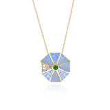 Yellow Gold octagon Necklace with Light Blue Cloisonne and Tsavorite, Medium