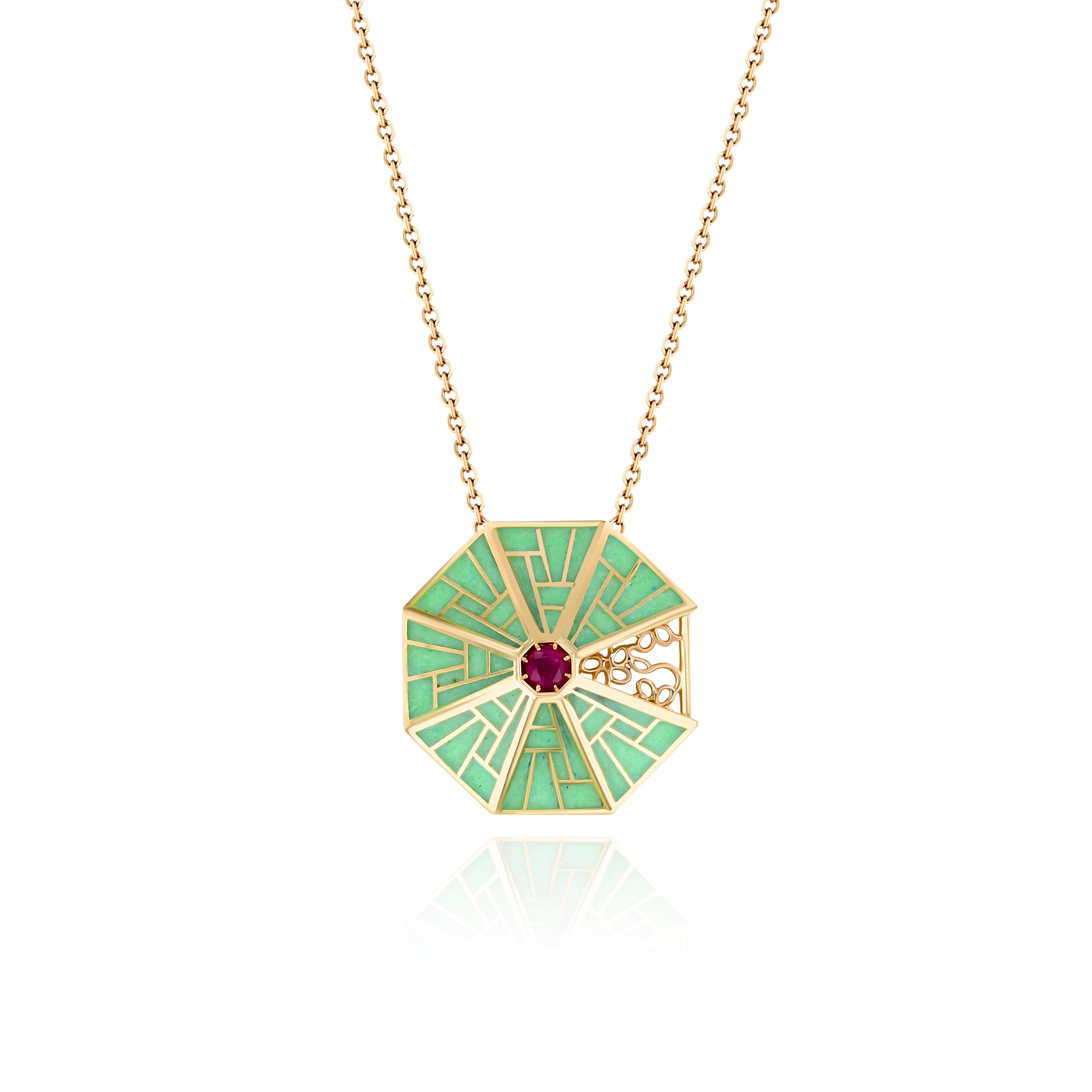 Yellow Gold octagon Necklace with Light Green Cloisonne and Ruby, Medium