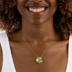 Yellow Gold octagon Necklace with Light Green Cloisonne and Ruby, Medium - Model shot