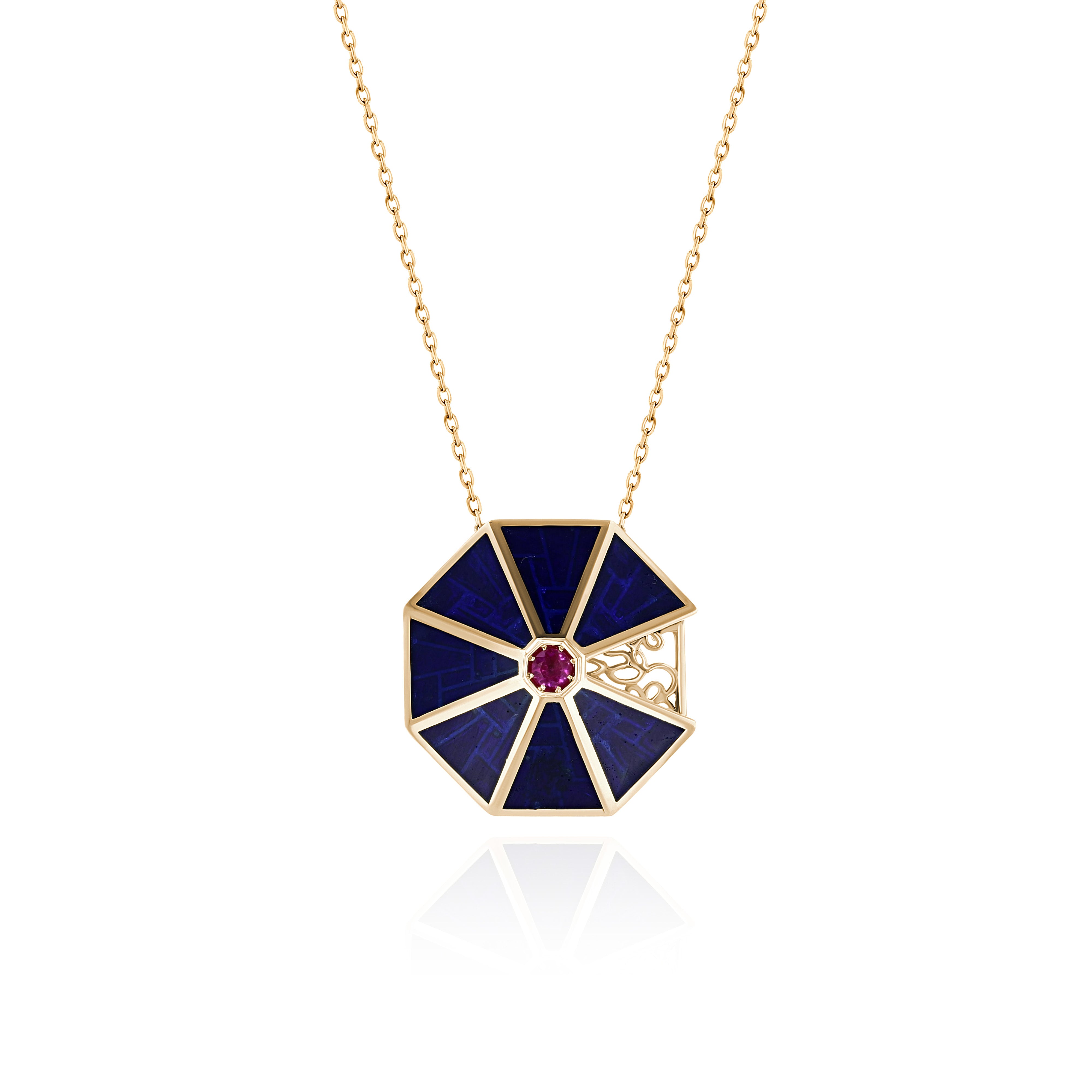 Yellow Gold octagon Necklace with Dark Blue Cloisonne and Ruby, Medium