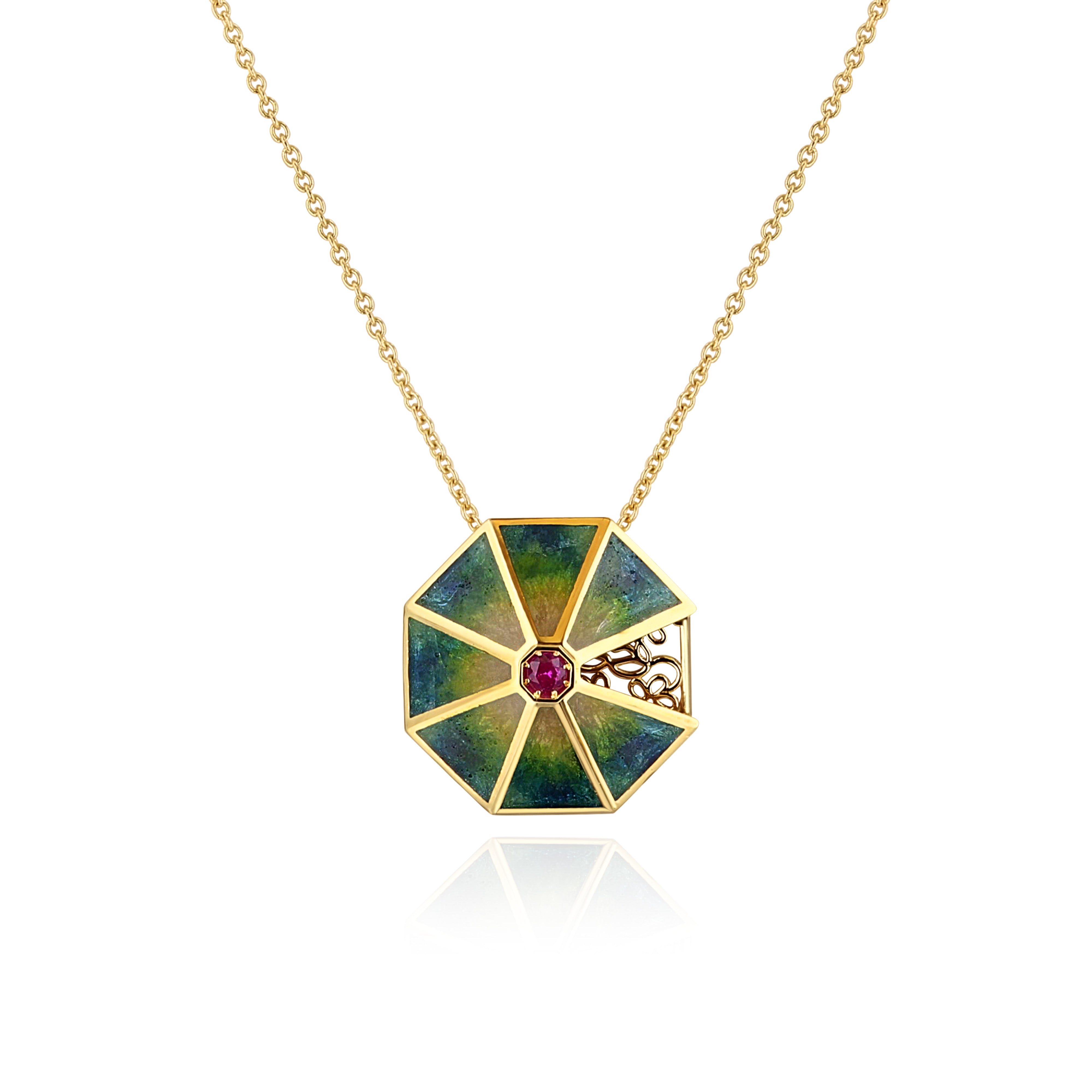 Yellow Gold octagon Necklace with Green and Blue Cloisonne and Ruby, Medium