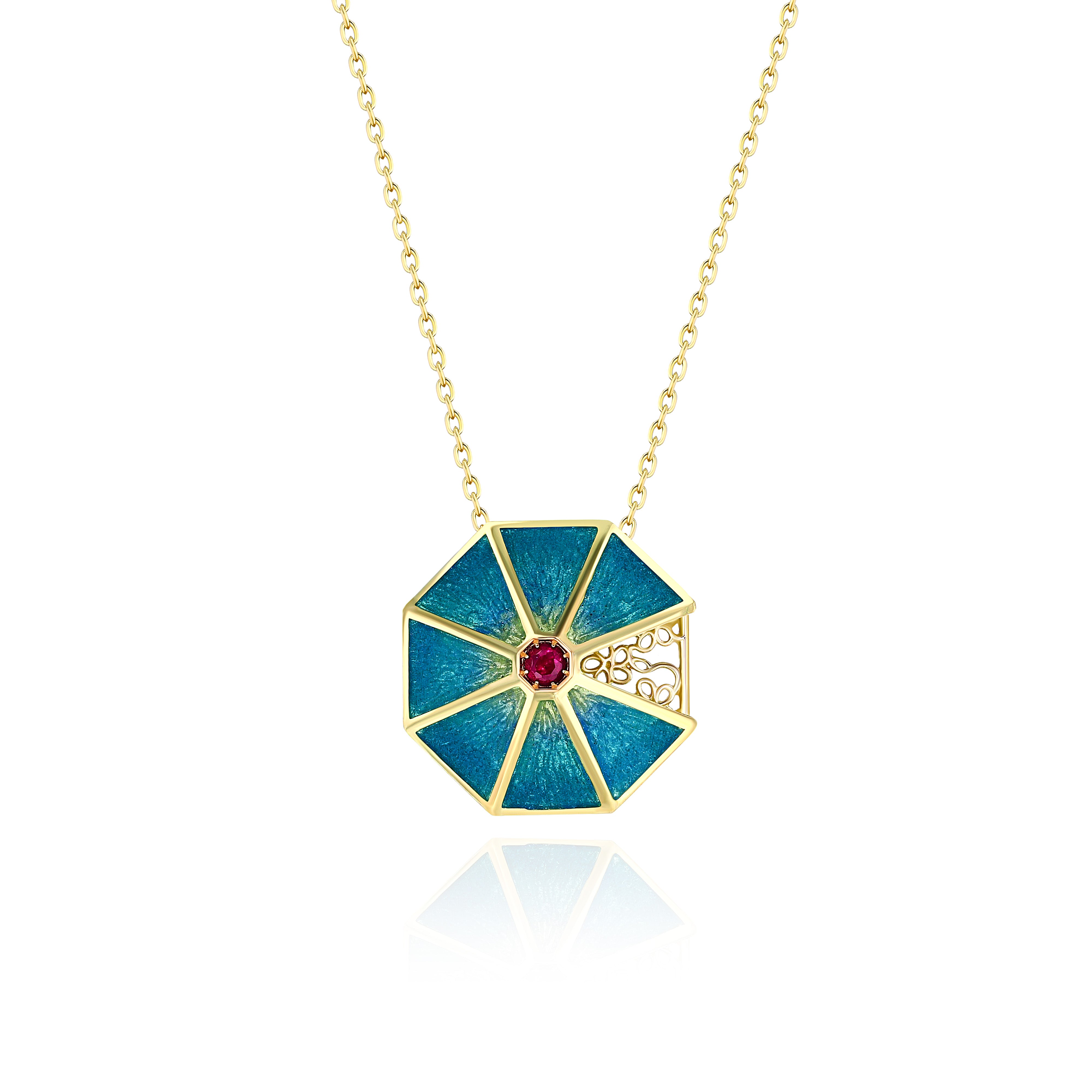 Yellow Gold octagon Necklace with Blue Cloisonne and Ruby, Medium