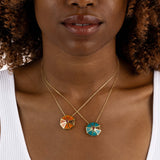Yellow Gold octagon Necklace with Blue Cloisonne and Ruby, Medium - Model shot