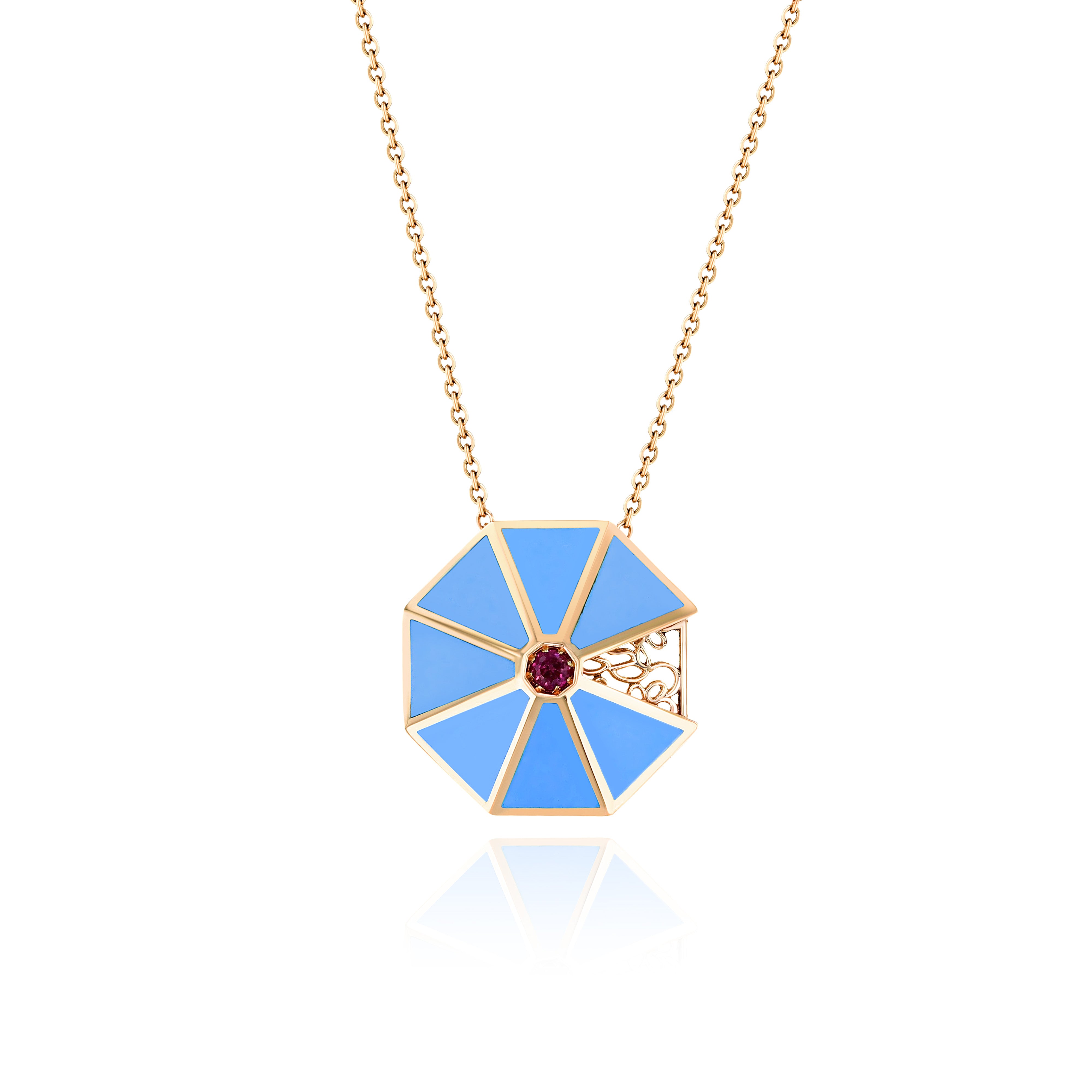 Yellow Gold octagon Necklace with Light Blue Cloisonne and Ruby, Medium