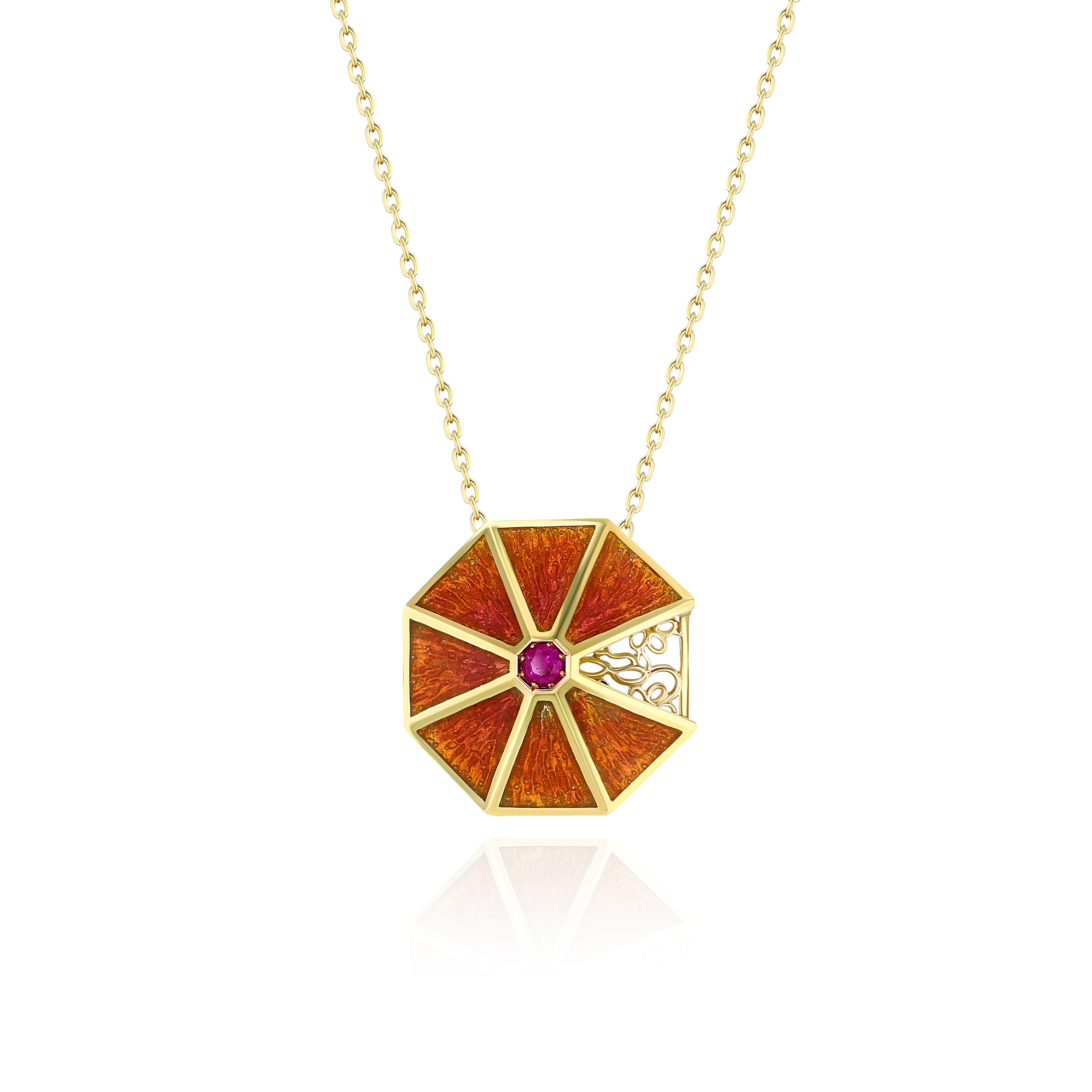 Yellow Gold octagon Necklace with Orange Cloisonne and Ruby, Medium