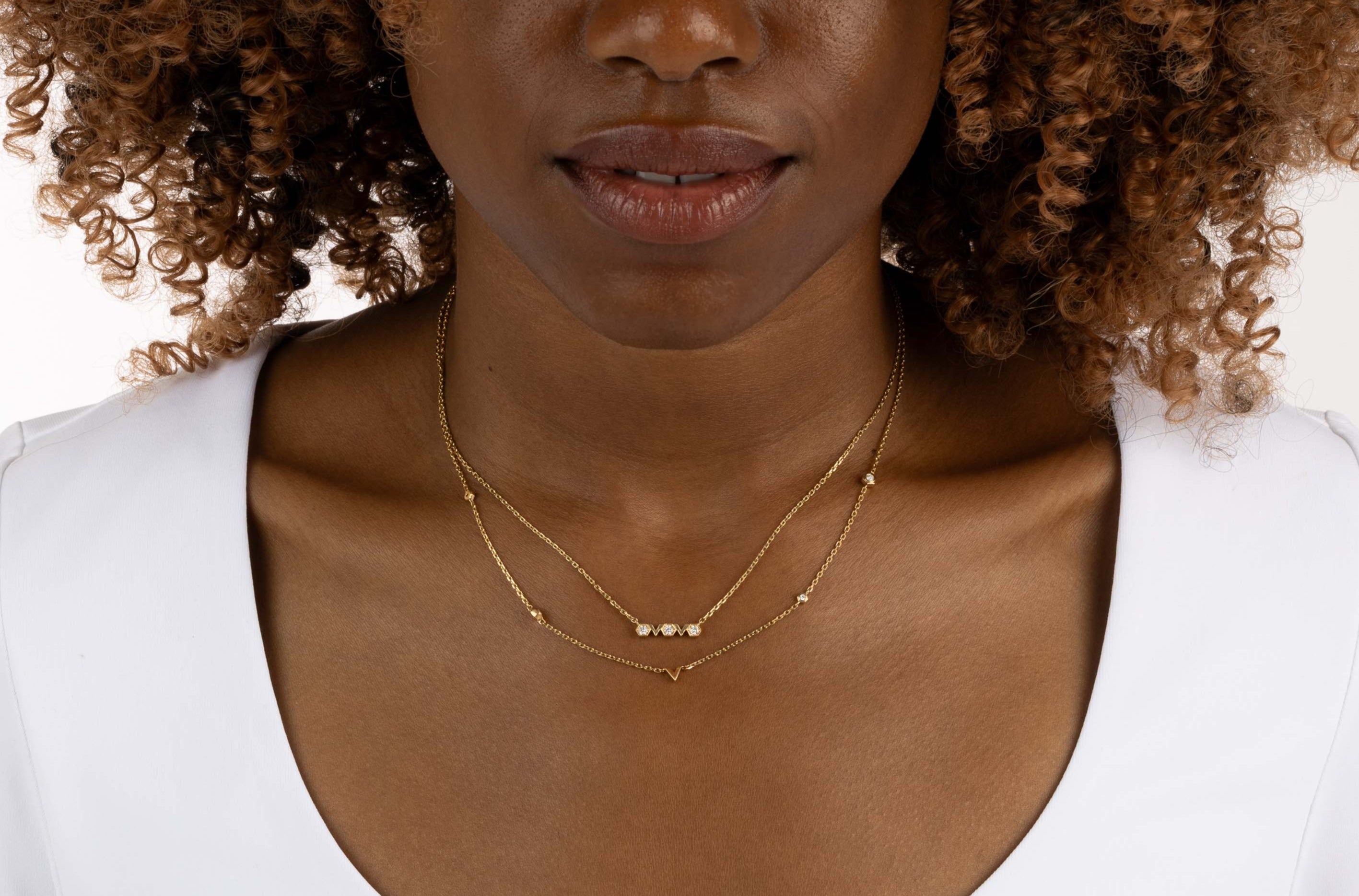 Yellow Gold Necklace with octagons and V shapes, and Diamonds, Small - Model shot