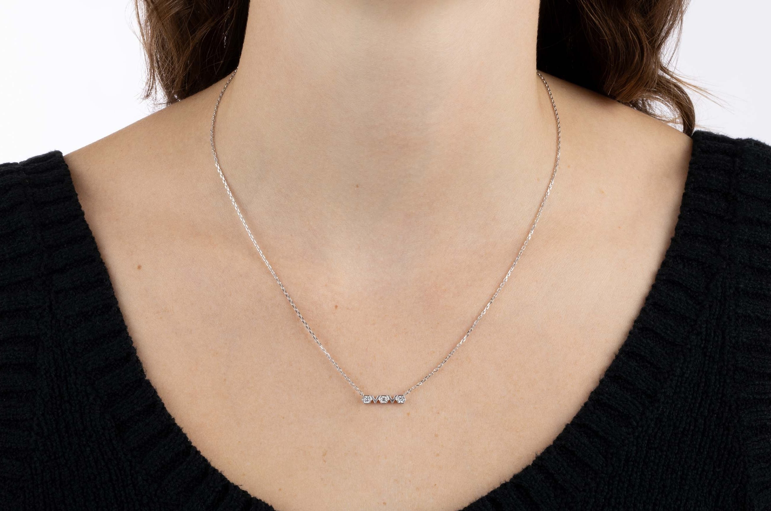 White Gold Necklace with hexagons and V shapes, and Diamonds, Small - Model shot