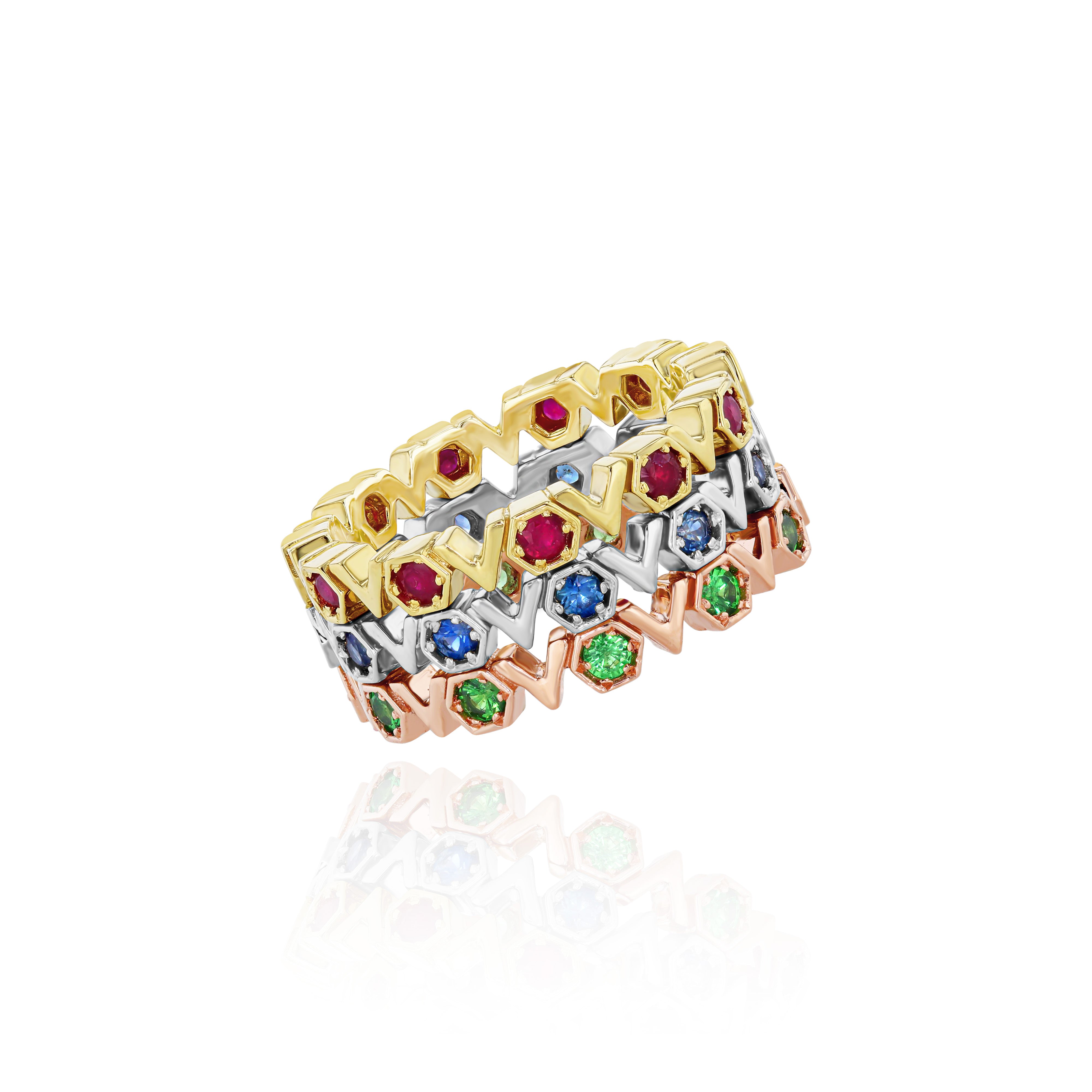 Three Rings - Yellow Gold and Ruby, White Gold and Blue Sapphire, Rose Gold and Tsavorite, Medium