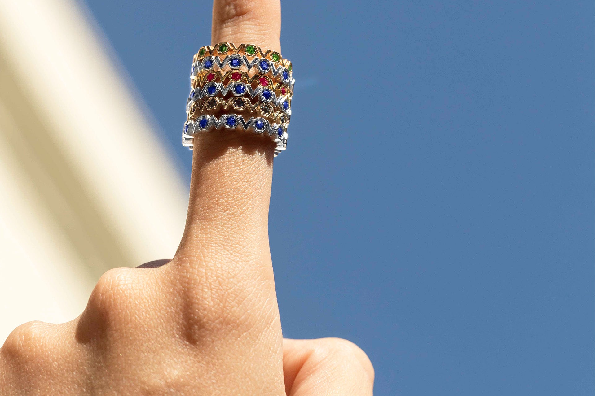 Stack of three Castle Infinity Band Rings - Model shot