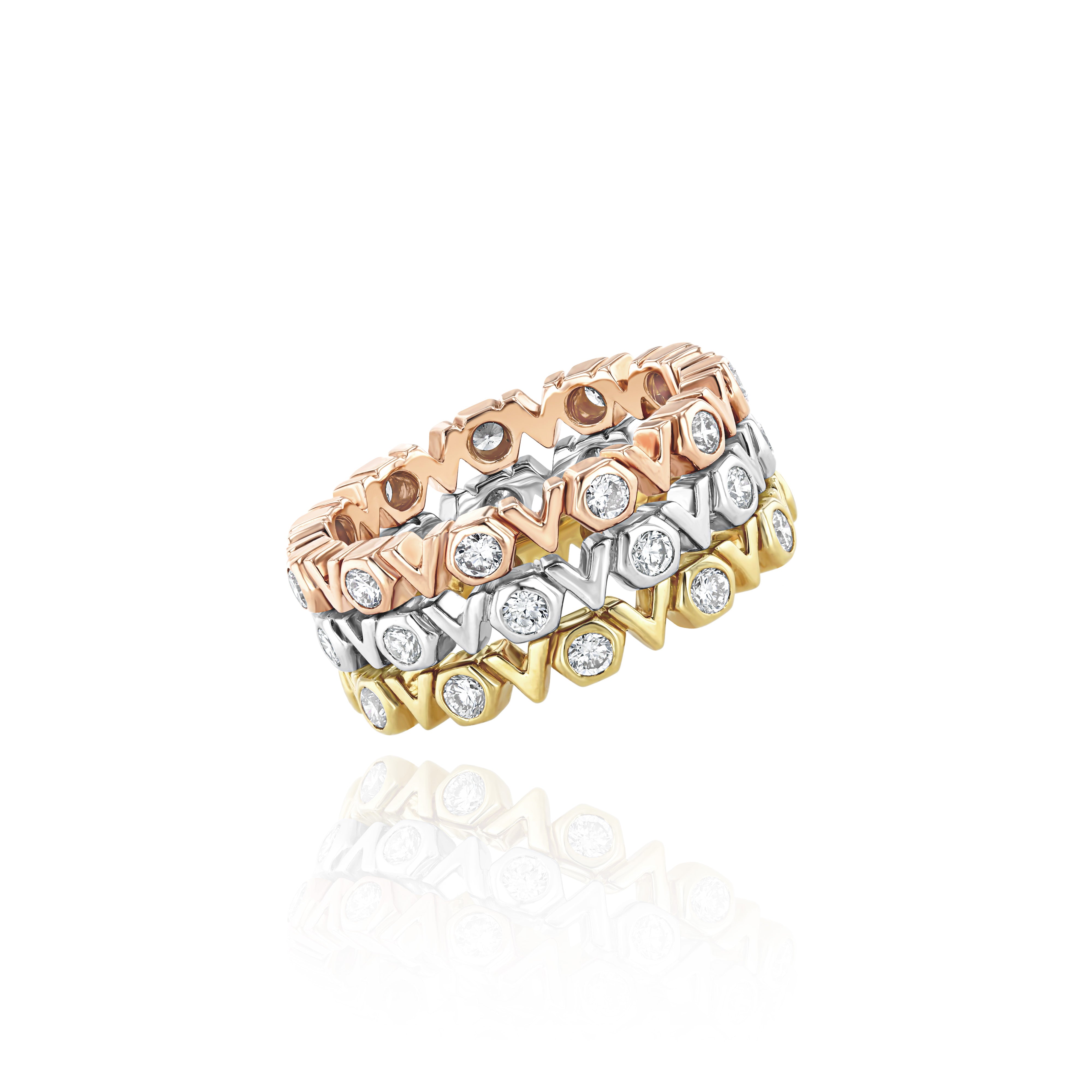 Three Rings - Rose Gold and Diamond, White Gold and Diamond, Yellow Gold and Diamond, Medium