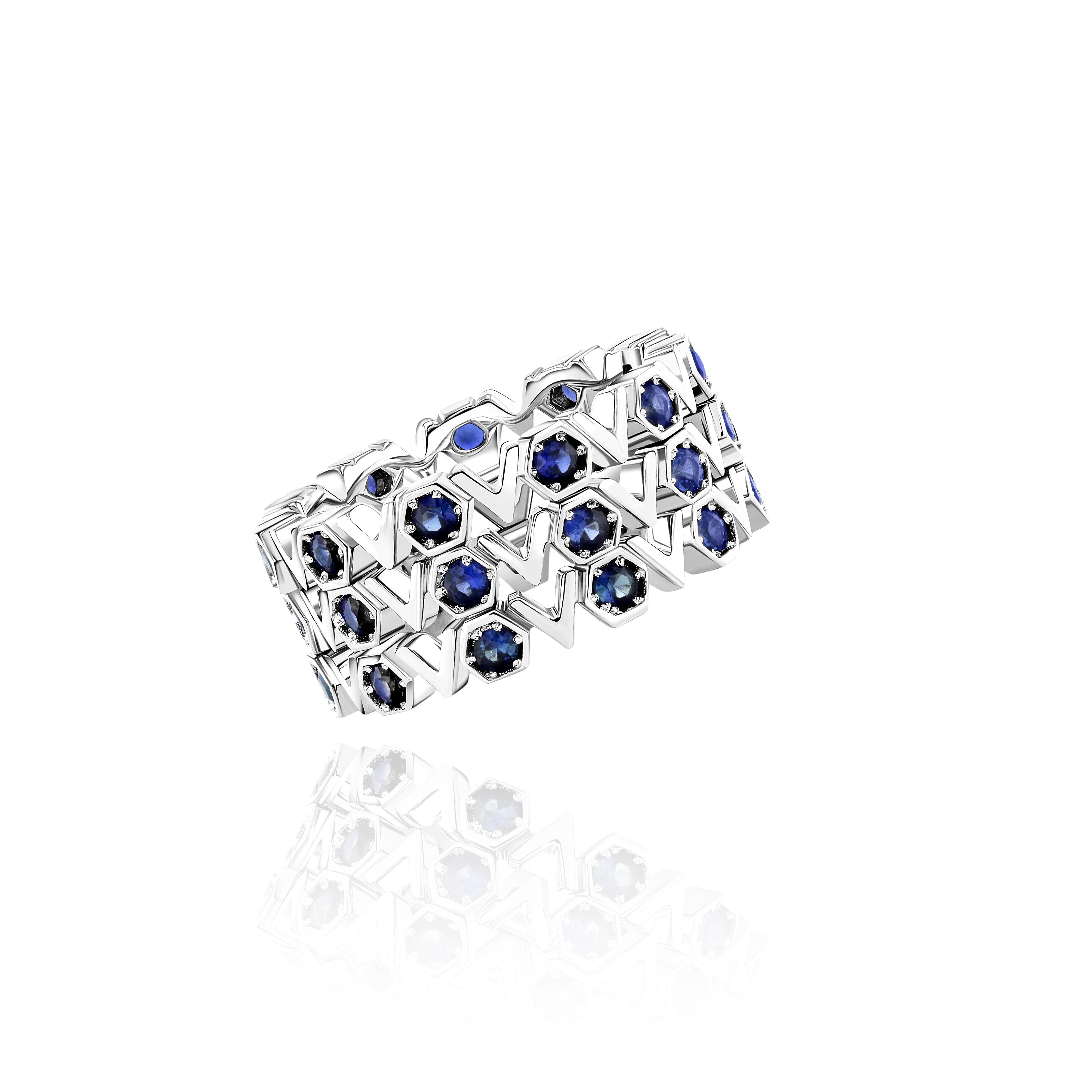 Stack of three White Gold and Blue Sapphire Rings with octagons and V shapes, Medium