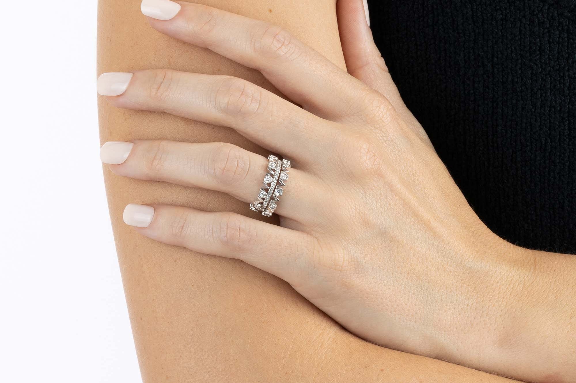Stack of three White Gold and Diamond Rings with octagons and V shapes, Medium - Model shot