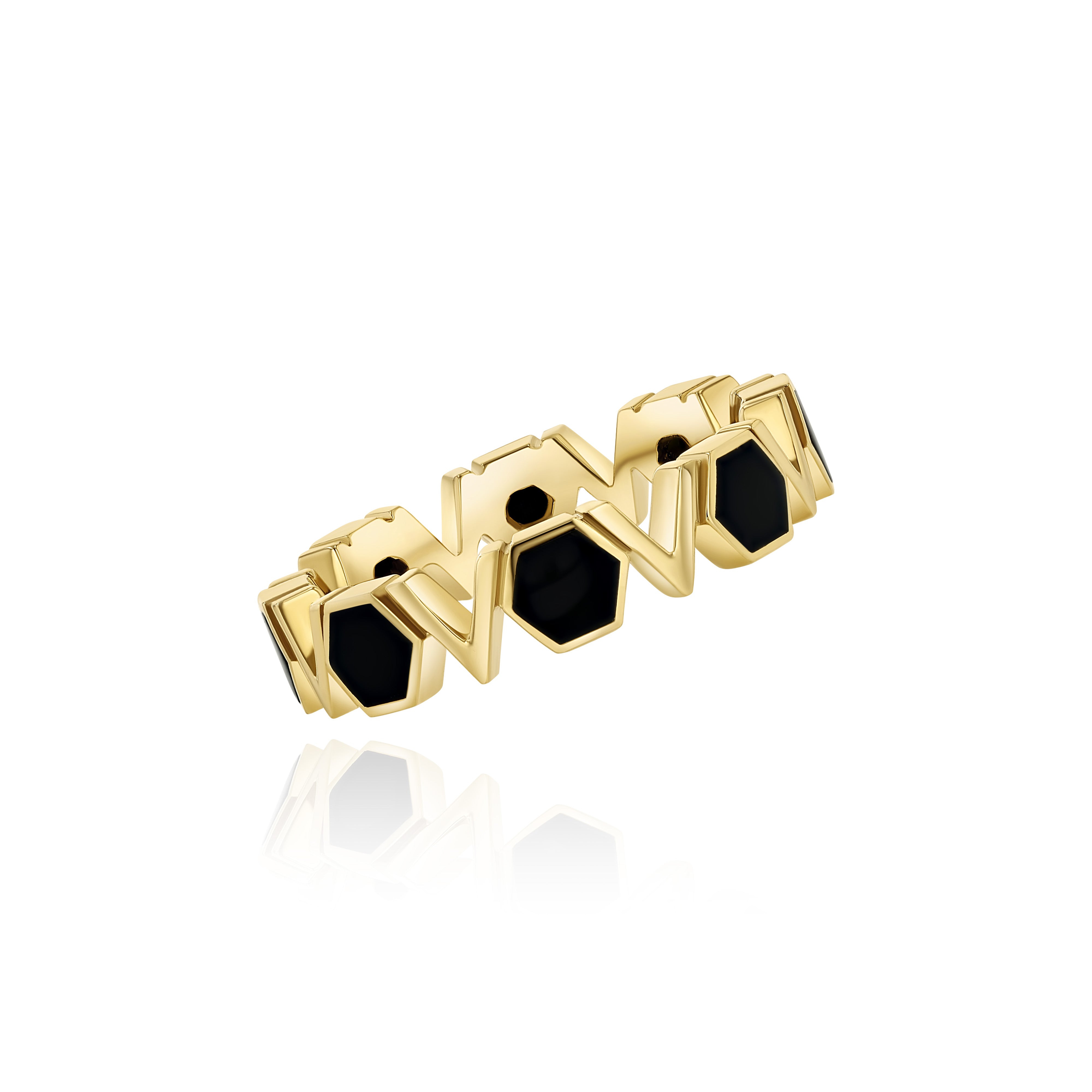 Yellow Gold Band with repeating Onyx octagons and V shapes, Medium