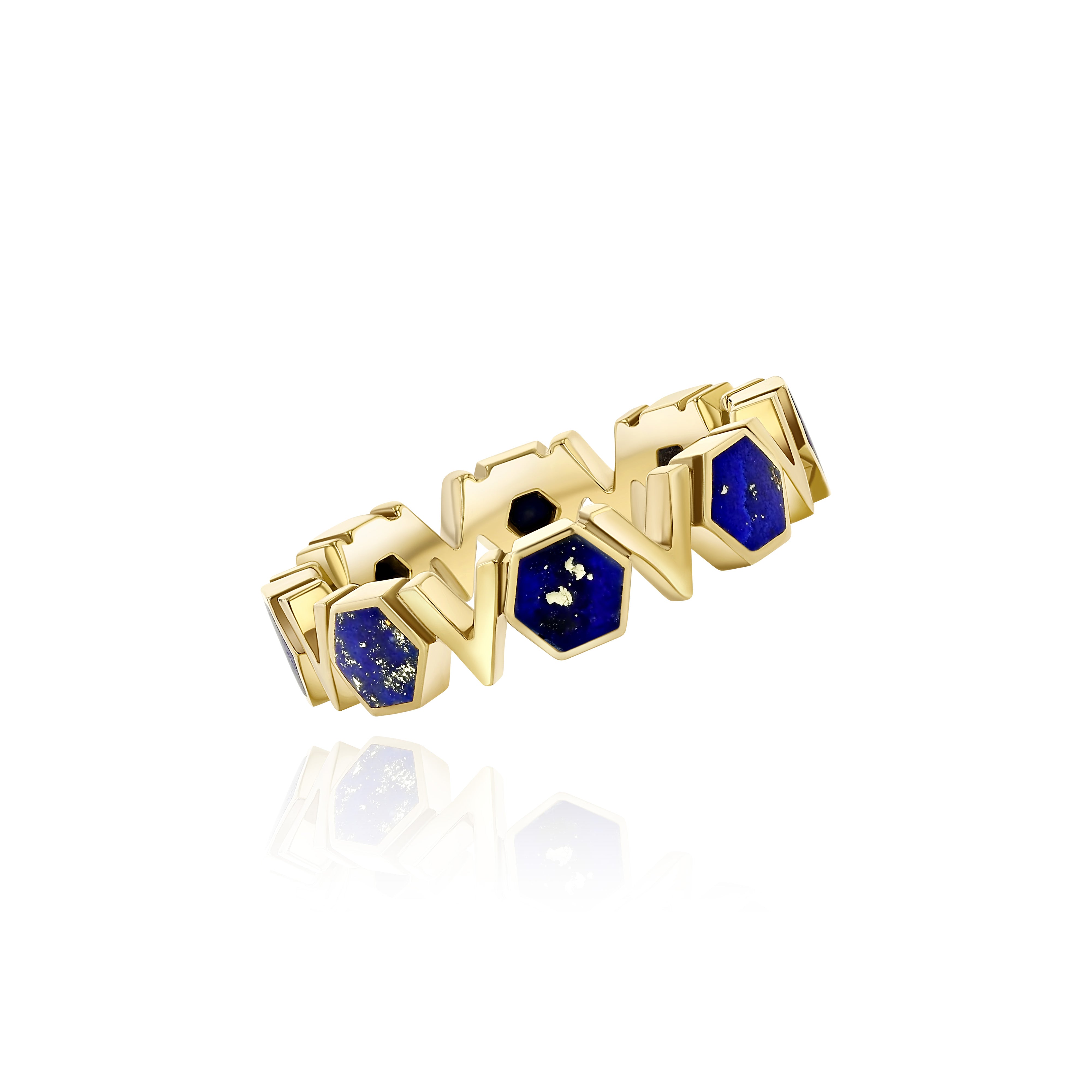 Gold Plated Silver Band with repeating Lapis stone octagons and V shapes, Medium