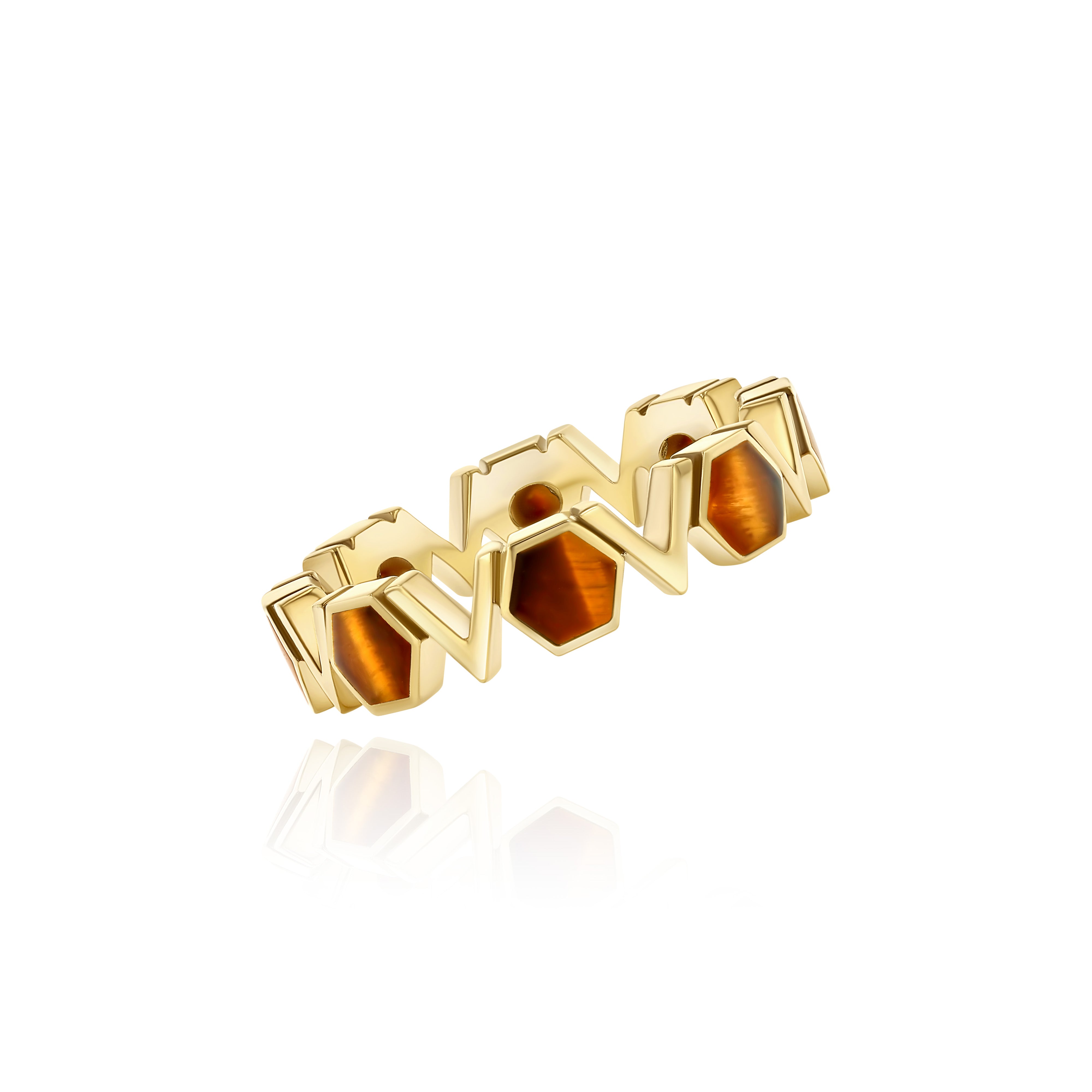 Gold Plated Silver Band with repeating Tiger's Eye octagons and V shapes, Medium