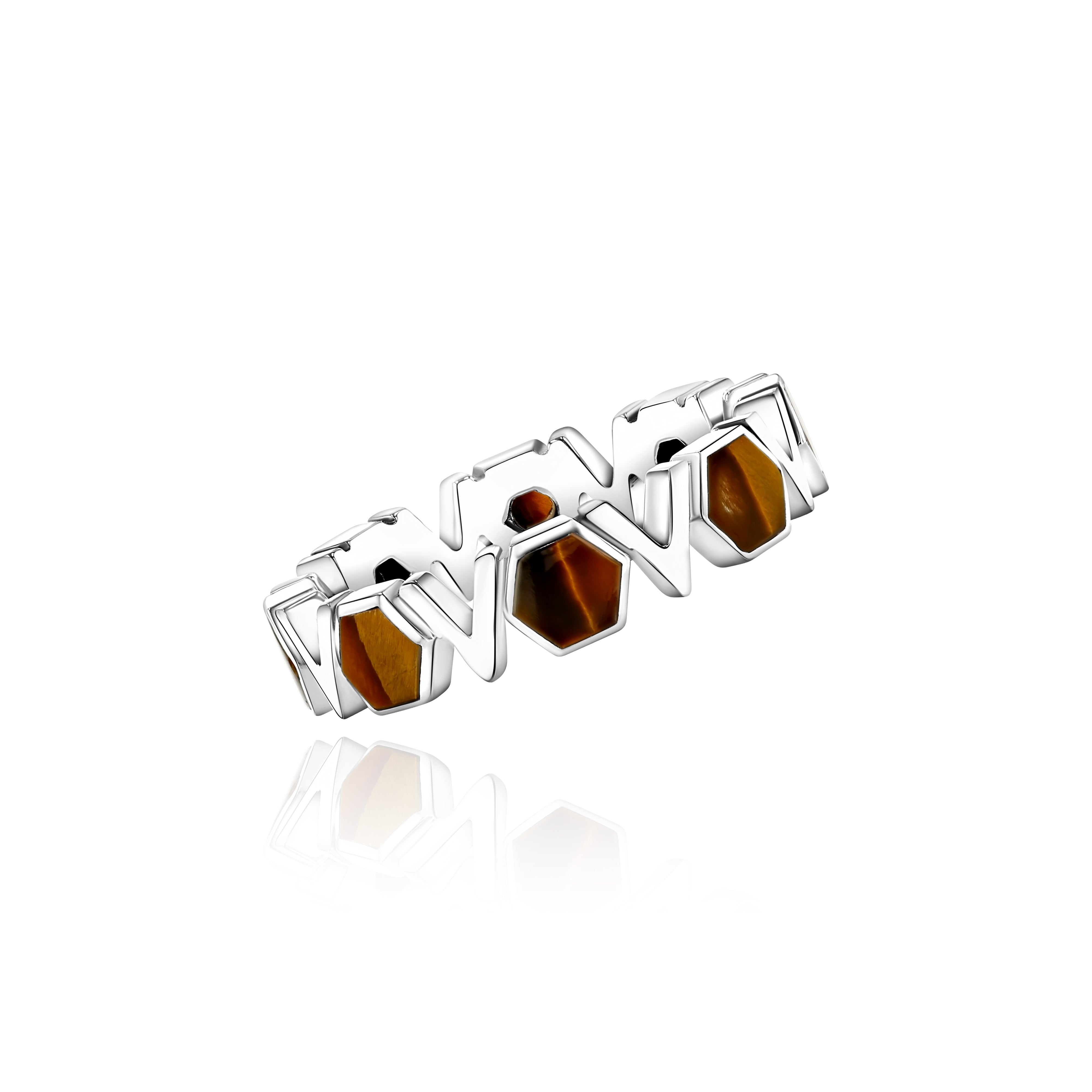 Silver Band with repeating Tiger's Eye octagons and V shapes, Medium