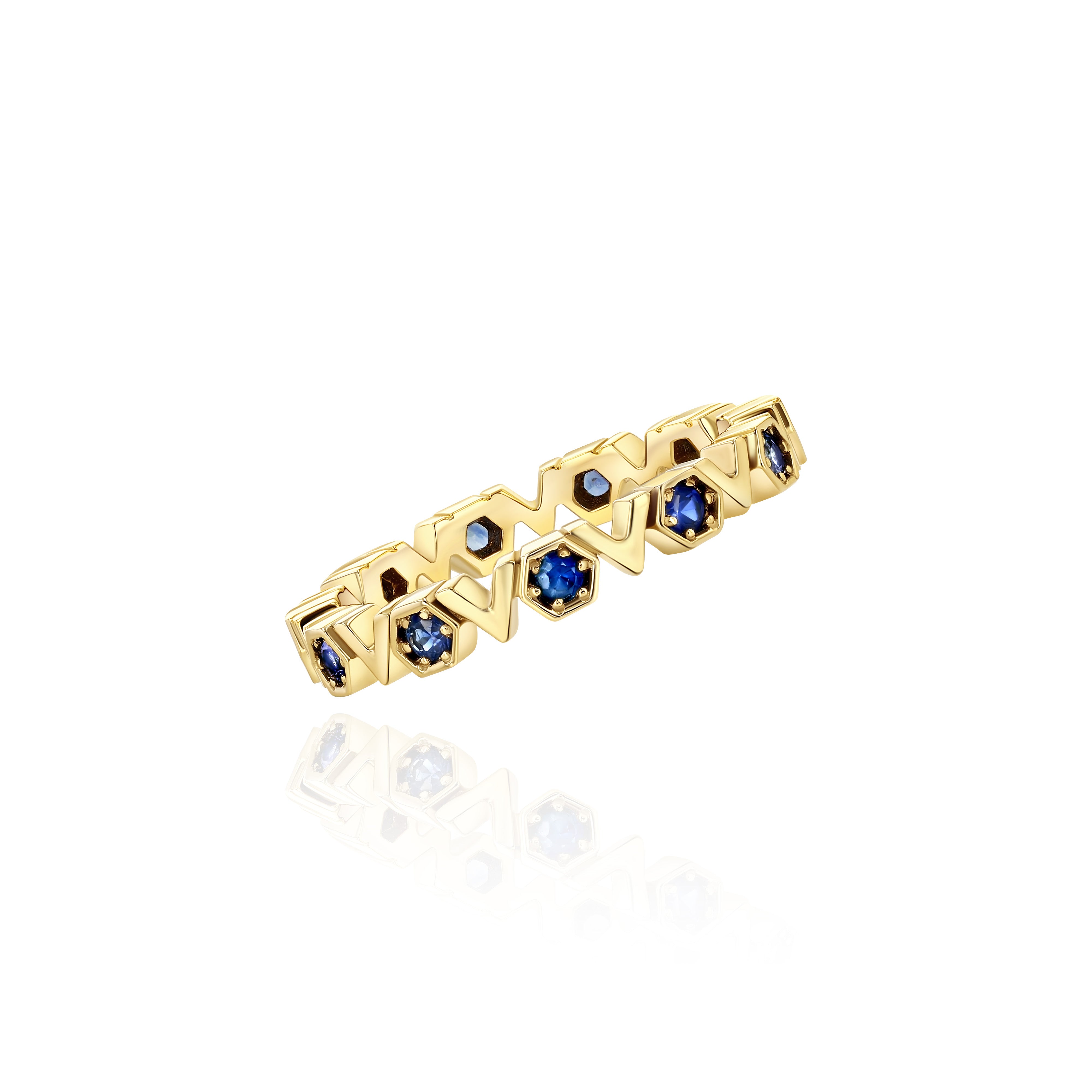 Yellow Gold Band with repeating Blue Sapphire hexagons and V shapes, Medium
