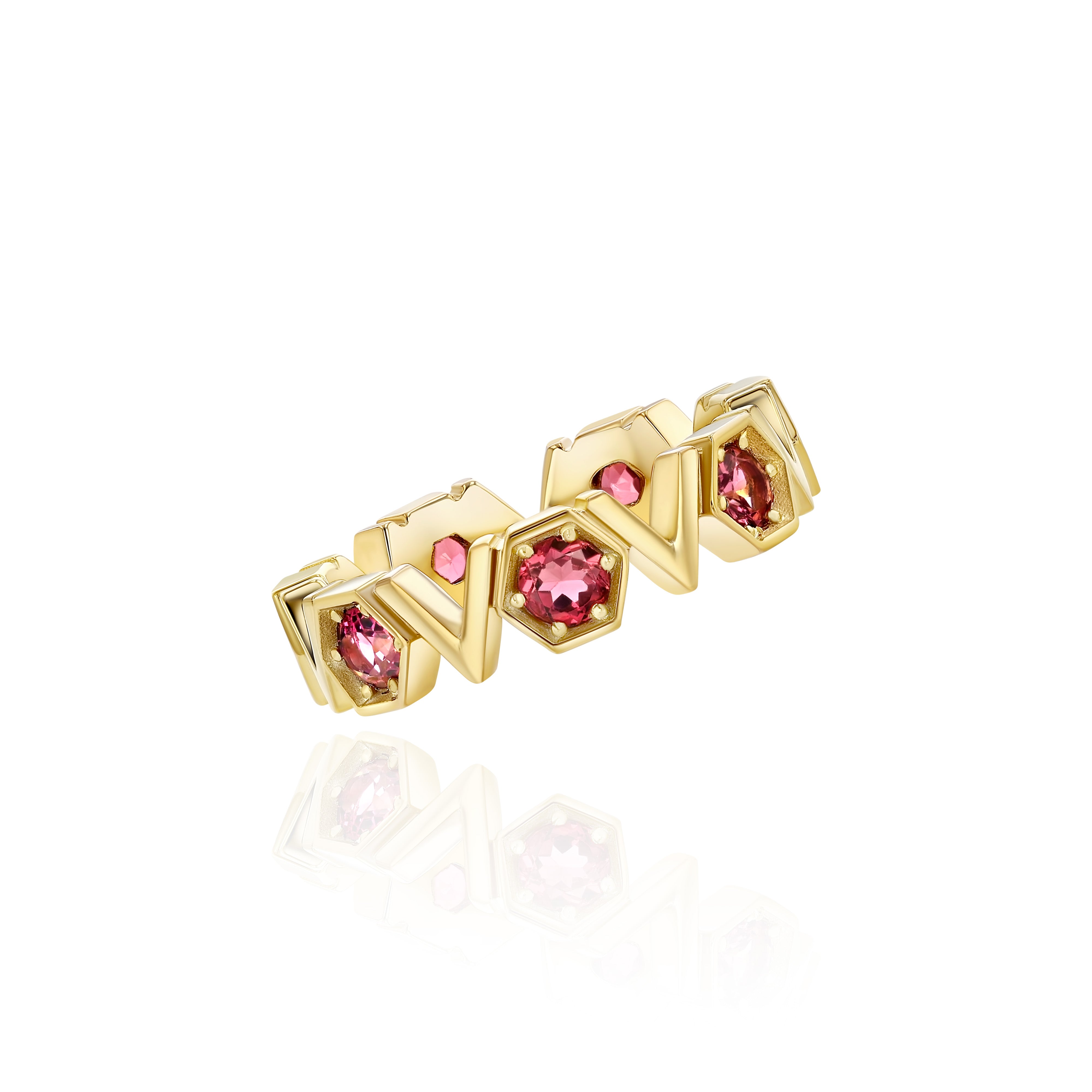Gold Plated Silver Band with repeating Pink Tourmaline hexagons and V shapes, Medium