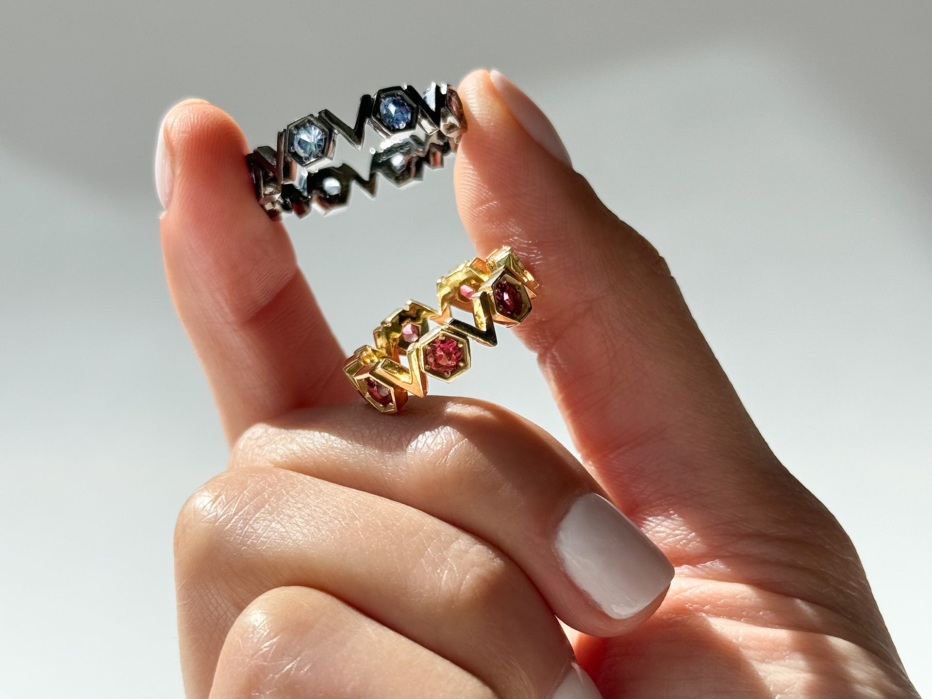 Gold Plated Silver Band with repeating Pink Tourmaline hexagons and V shapes, Medium - Model shot