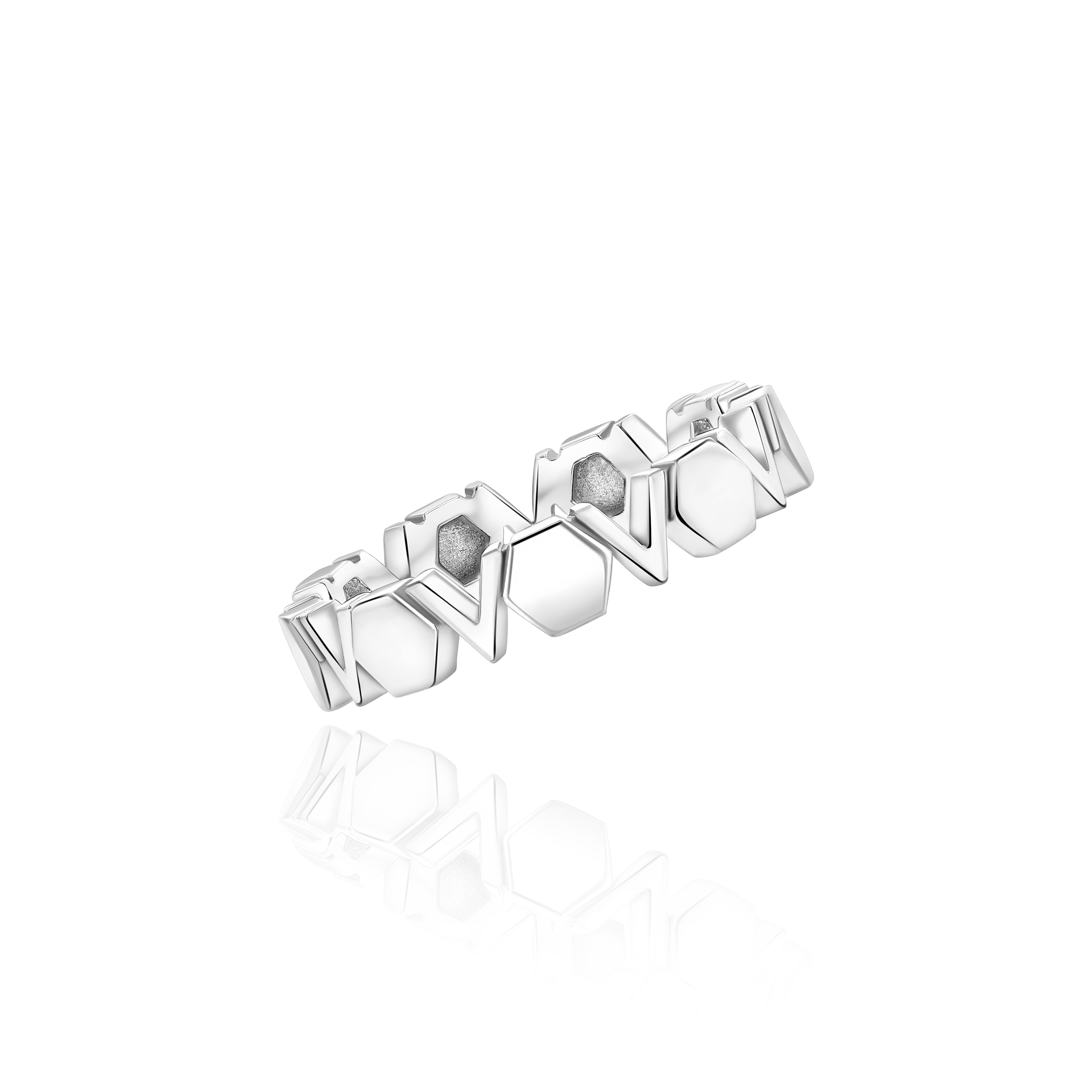 Silver Band with repeating hexagons and V shapes, Medium