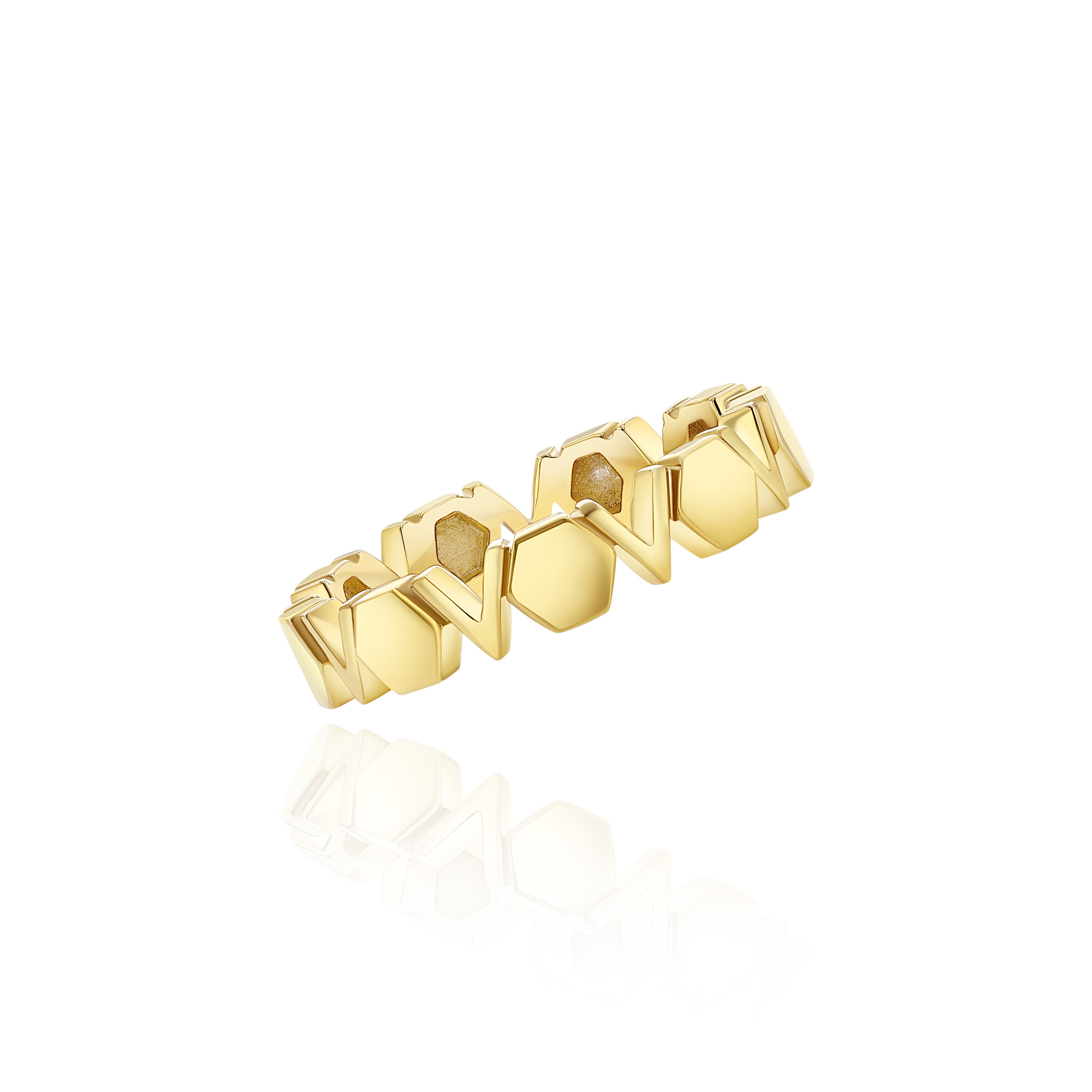 Gold Plated Silver Band with repeating hexagons and V shapes, Medium