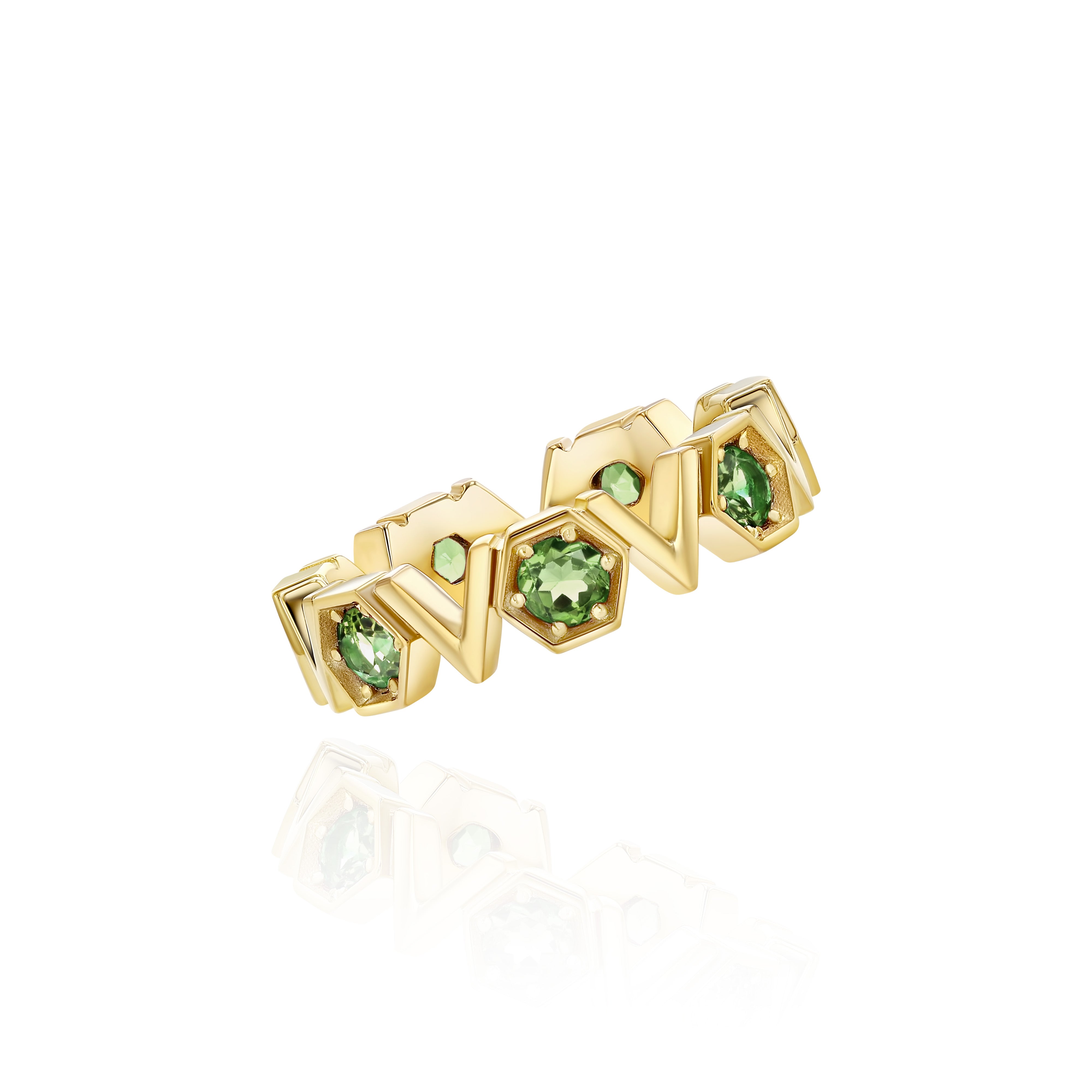 Gold Plated Silver Band with repeating Green Sapphire hexagons and V shapes, Medium