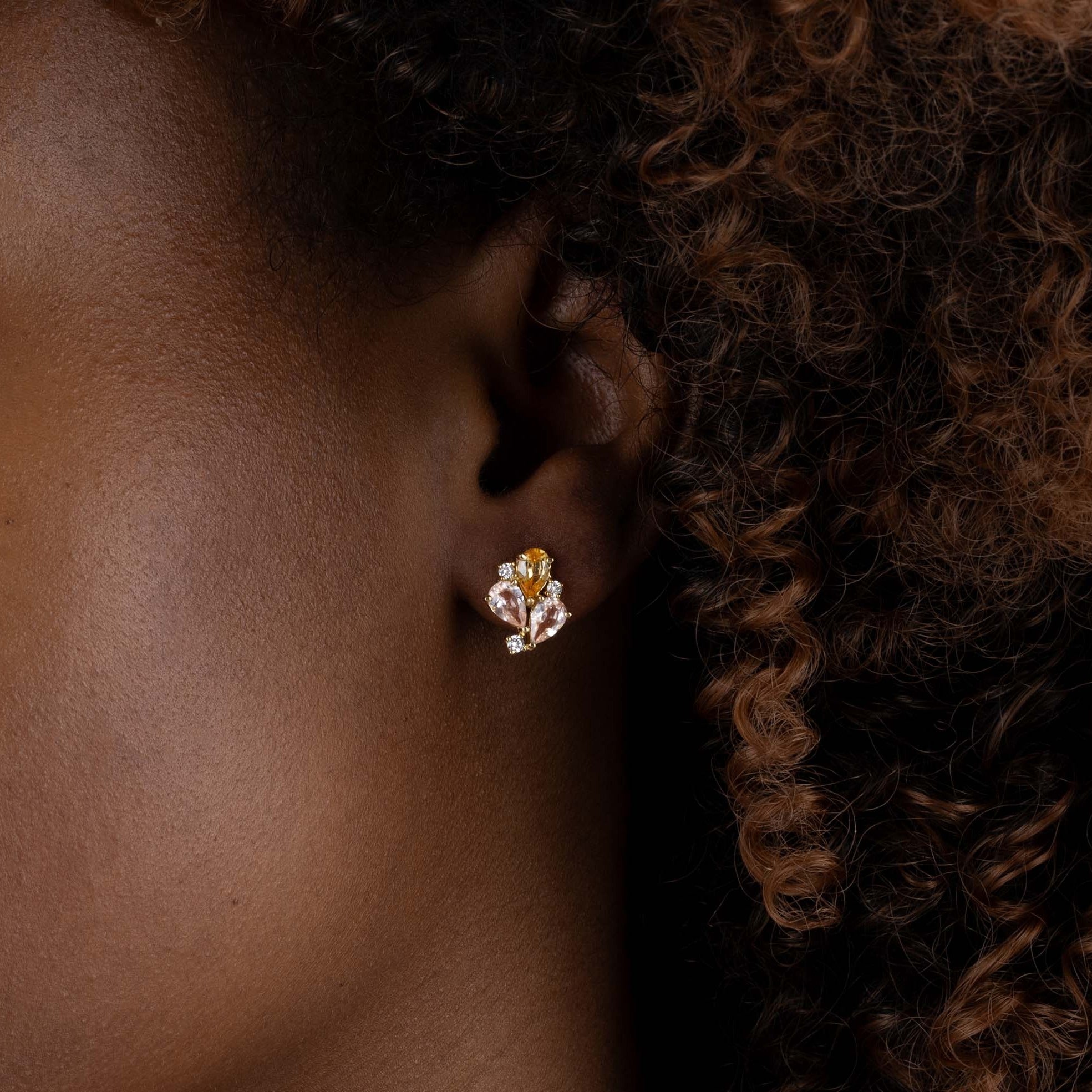 White Gold Earrings with Yellow Sapphires and Morganite, and Diamonds, Small - Model shot