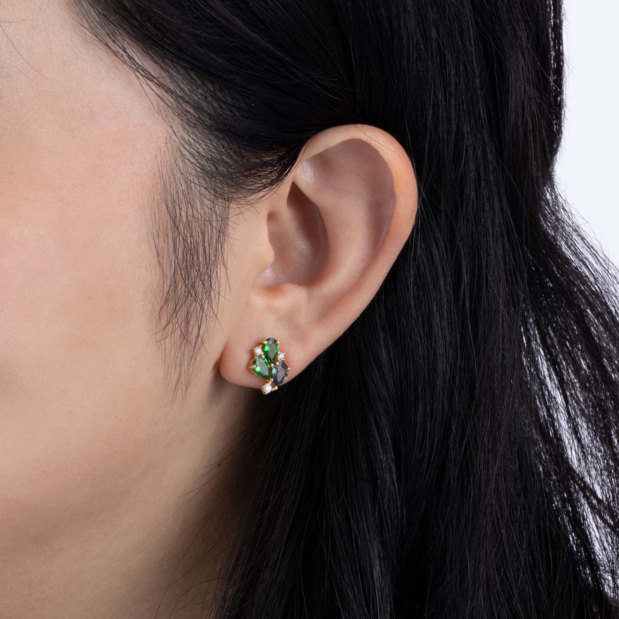 Yellow Gold Earrings with Tsavorite and Green Sapphires, and Diamonds, Small - Model shot