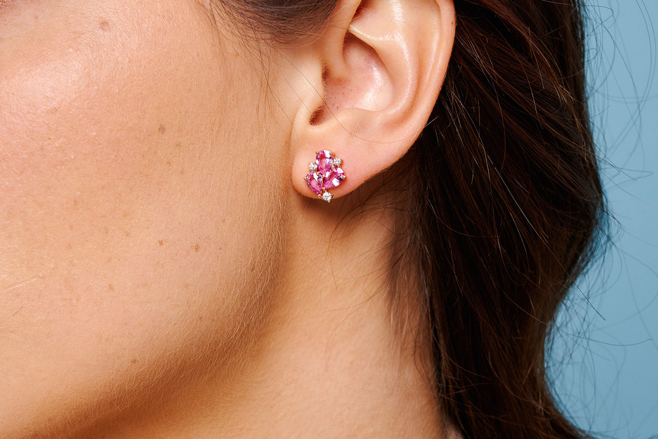 Yellow Gold Earrings with Pink Sapphires and Diamonds, Small - Model shot 