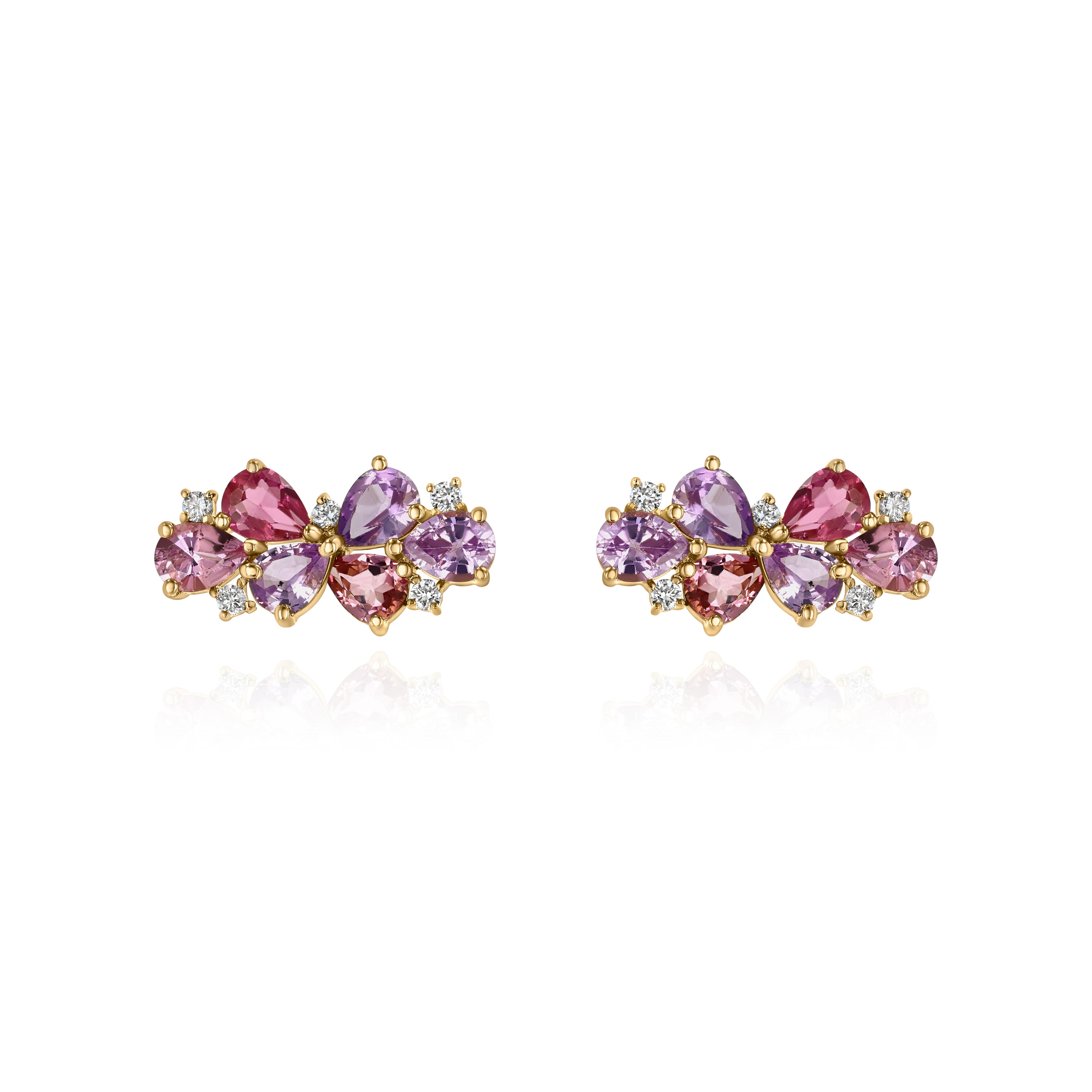 Yellow Gold Earrings with Pink Tourmaline, Purple Sapphires, and Diamonds, Small