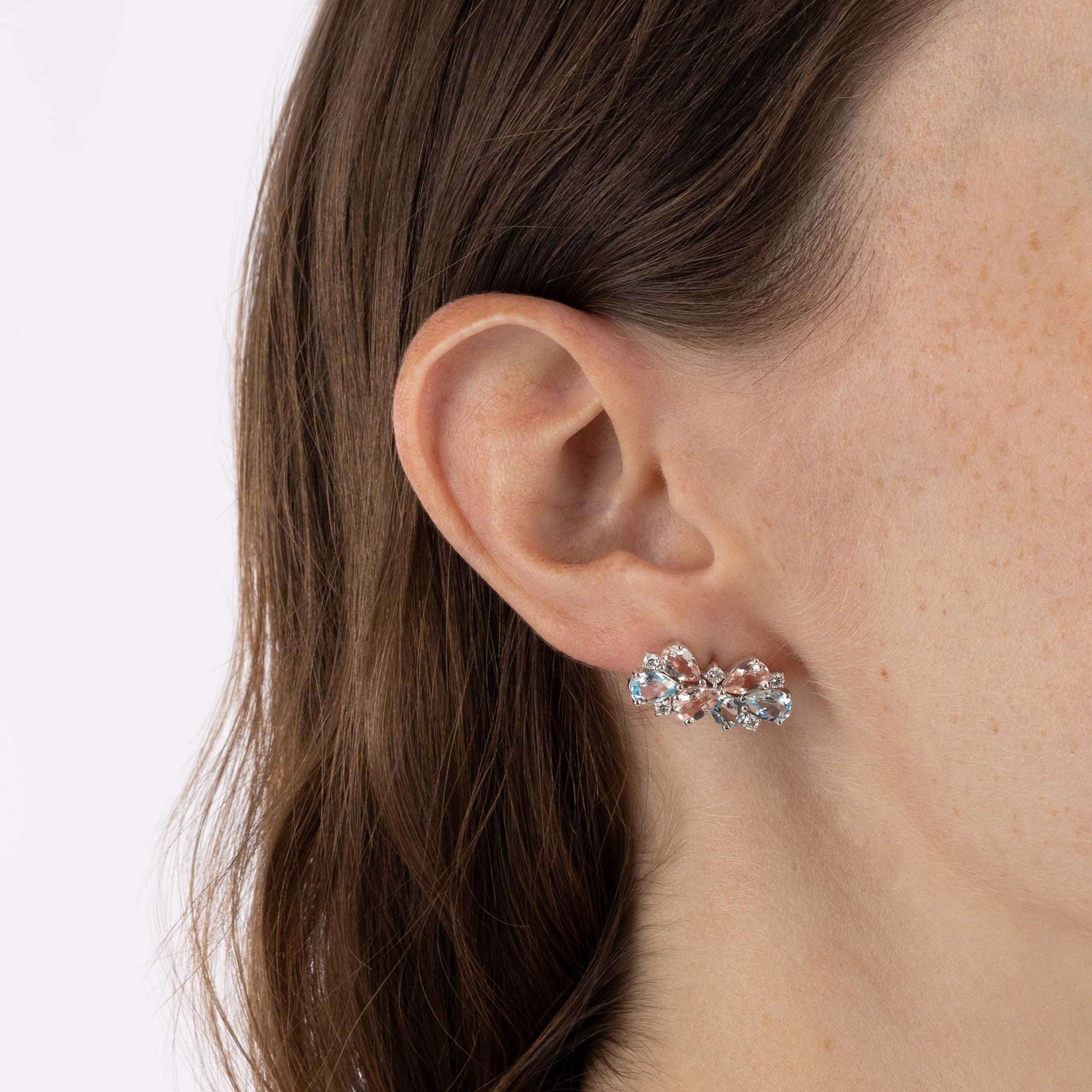 White Gold Earrings with Morganite, Topaz, and Diamonds, Small - Model shot