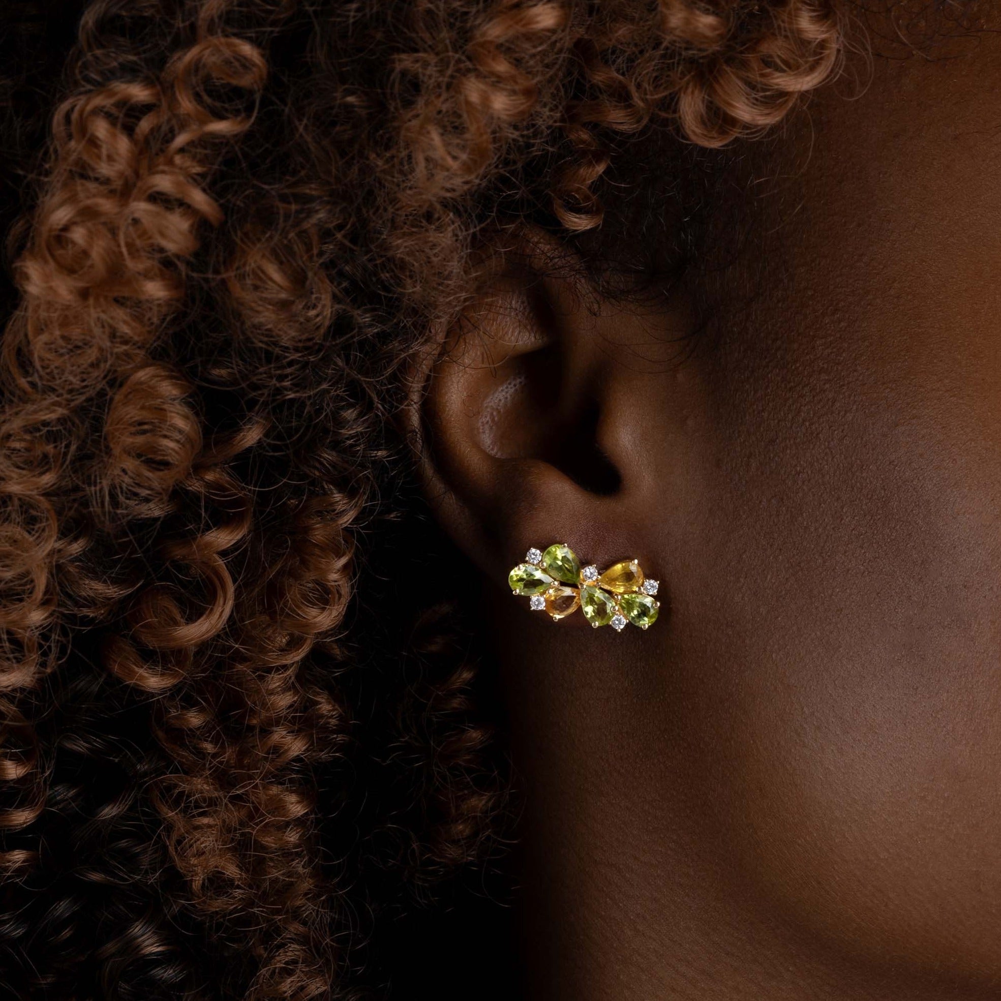 Yellow Gold Earrings with Yellow Sapphires, Peridot, and Diamonds, Small - Model shot