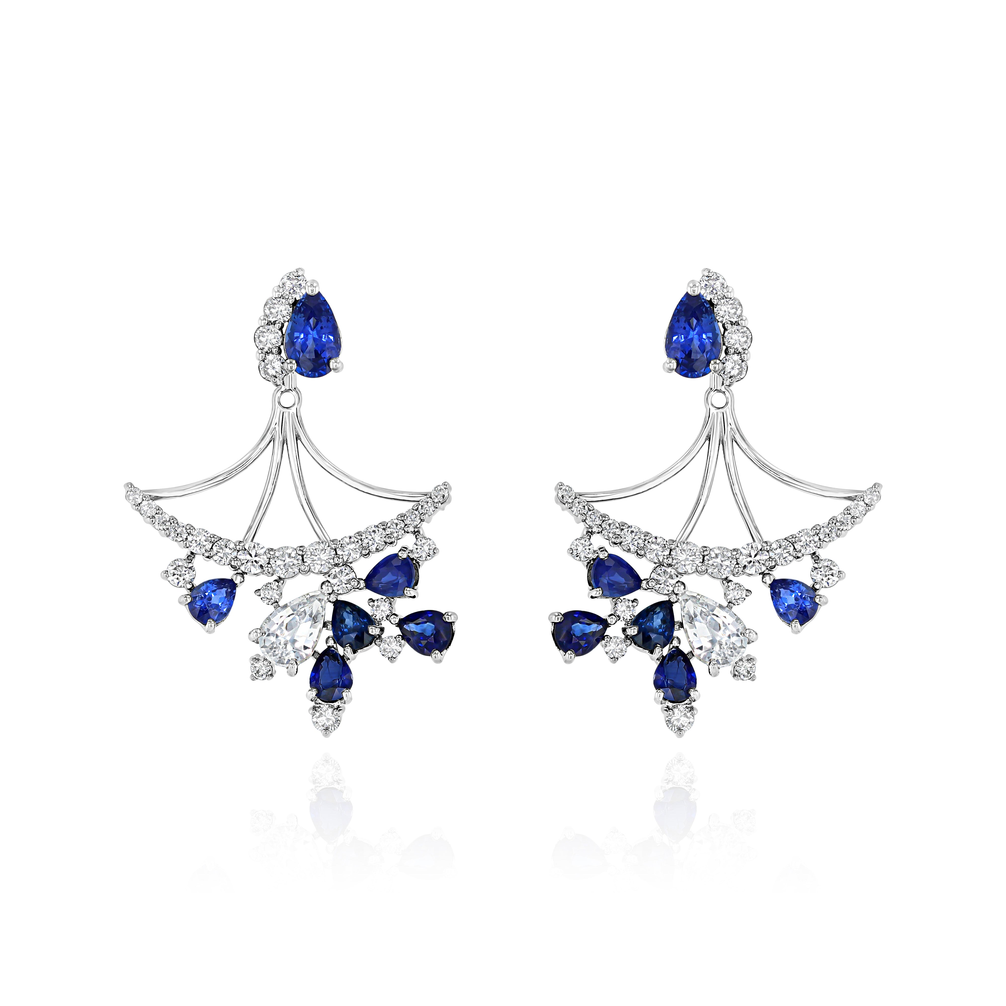 White Gold Earrings with Blue and White Sapphires, and Diamonds, Large