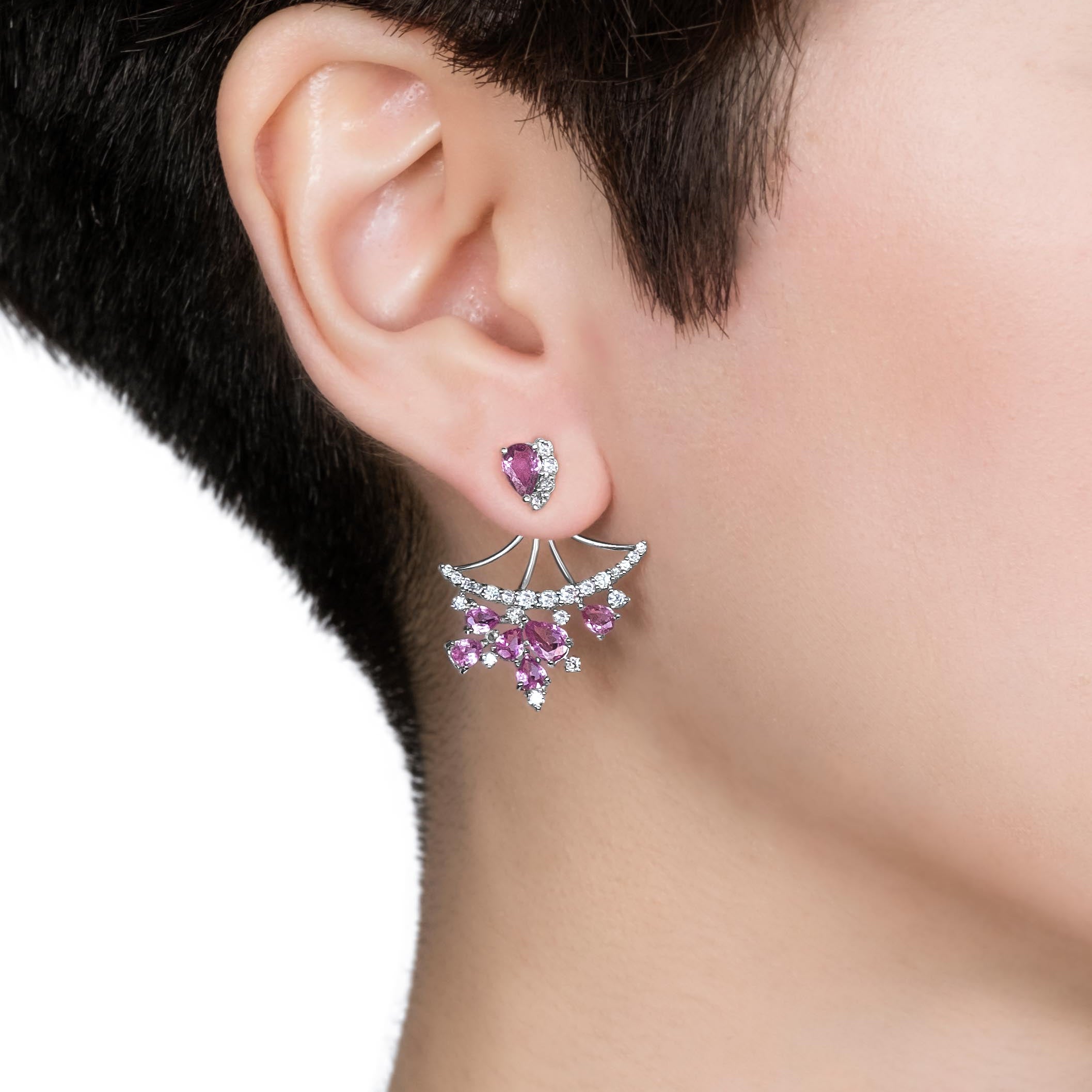 White Gold Earrings with Pink Sapphires and Diamonds, Large - Model shot