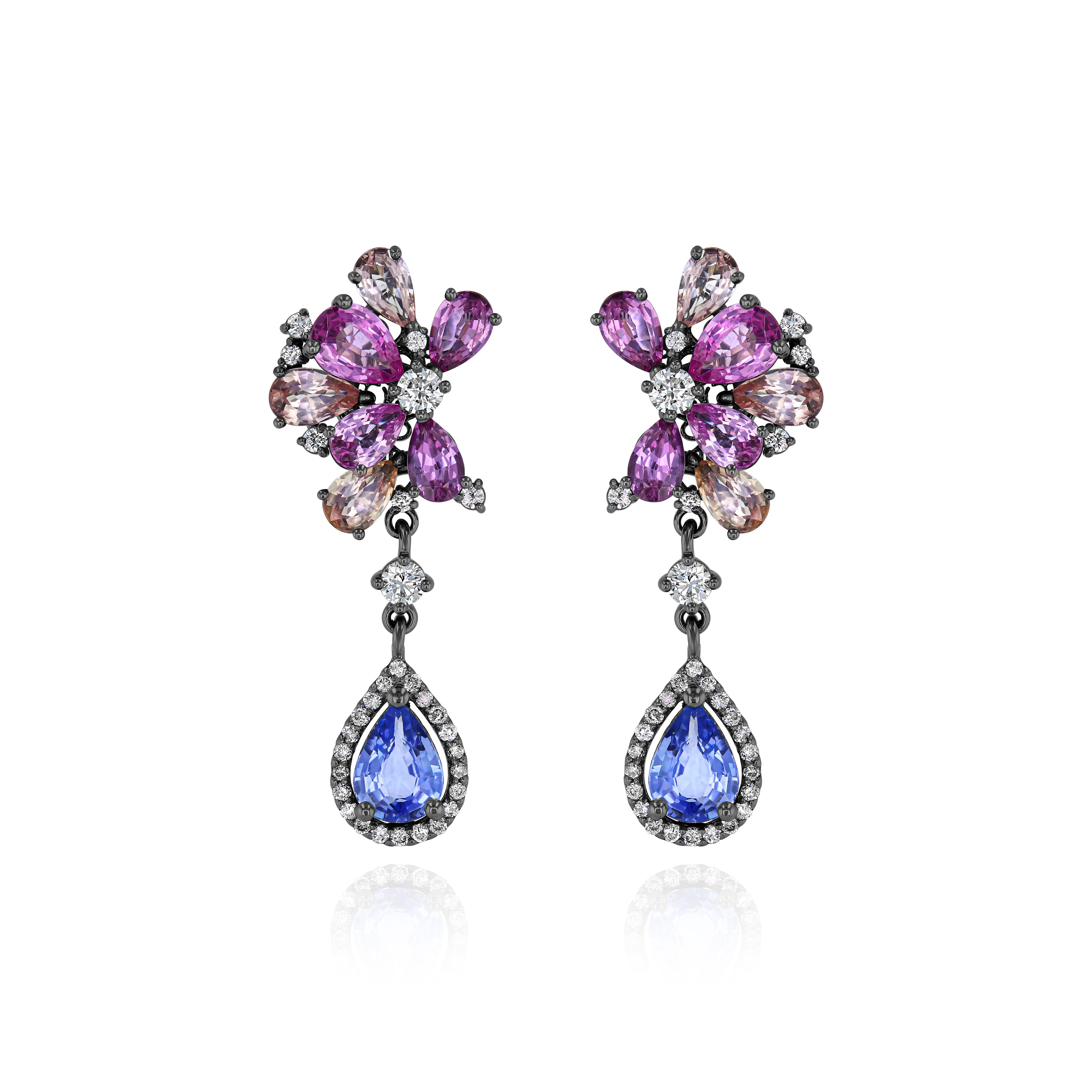 Rhodium Plated Gold Earrings with Pink and Blue Sapphires, and Diamonds, Medium